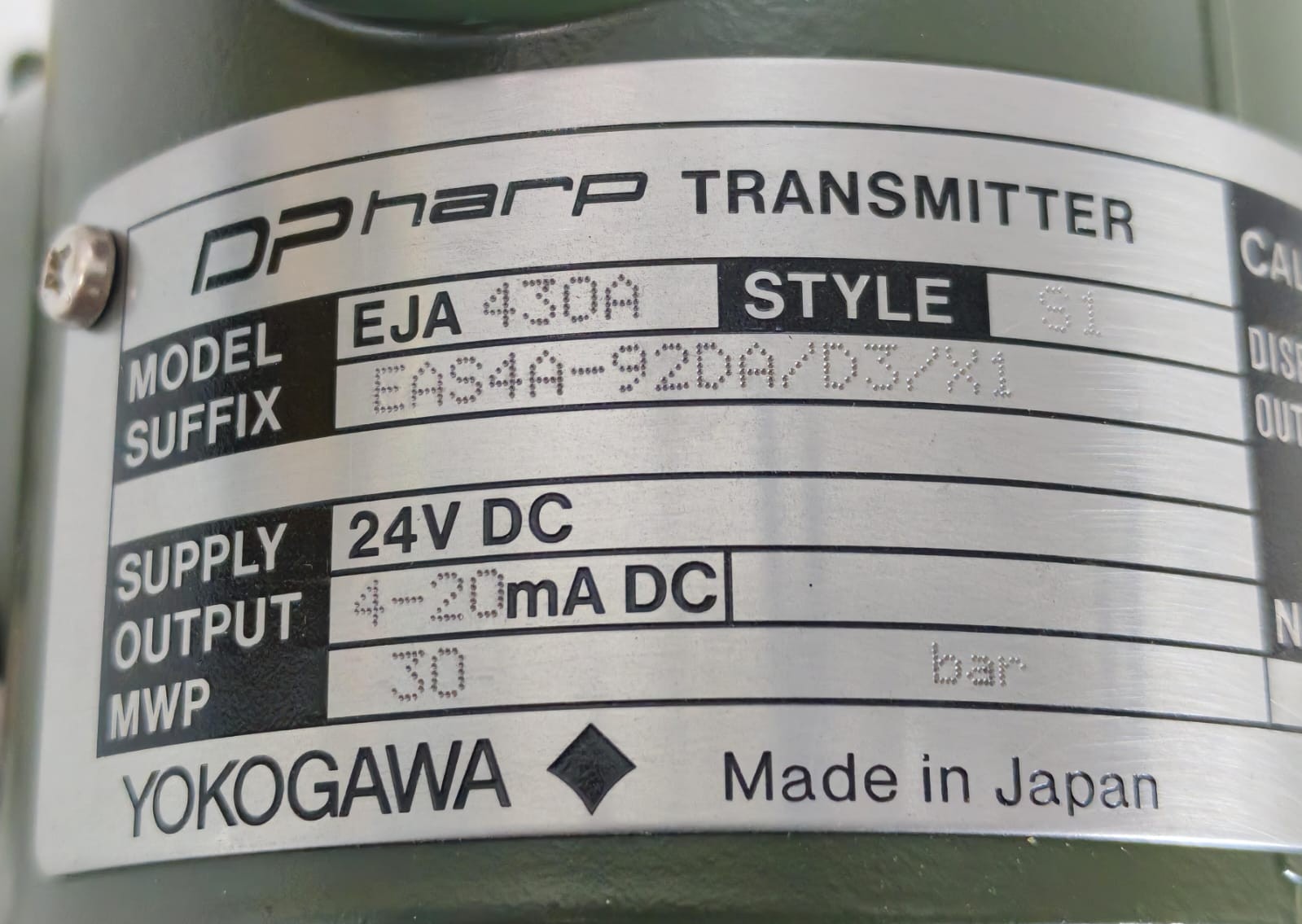 YOKOGAWA EJA430A EAS4A-92DA/D3/X1 STYLE S1 YOKOGAWA EJA430A EAS4A-92DA/D3/X1 STYLE S1 DPHARP TRANSMITTER 24VDC 8