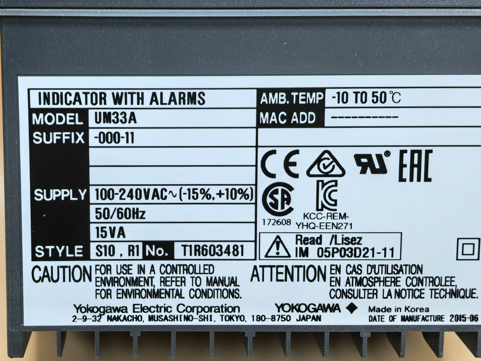 Yokogawa UM33A-000-11 YOKOGAWA UM33A-000-11 INDICATOR WITH ALARMS 100-240VAC 50/60HZ 3