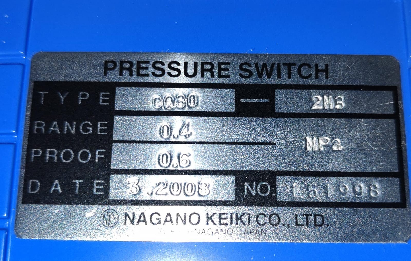 NAGANO KEIKI CQ30 NAGANO KEIKI CQ30 -2M3 PRESSURE SWITCH 6