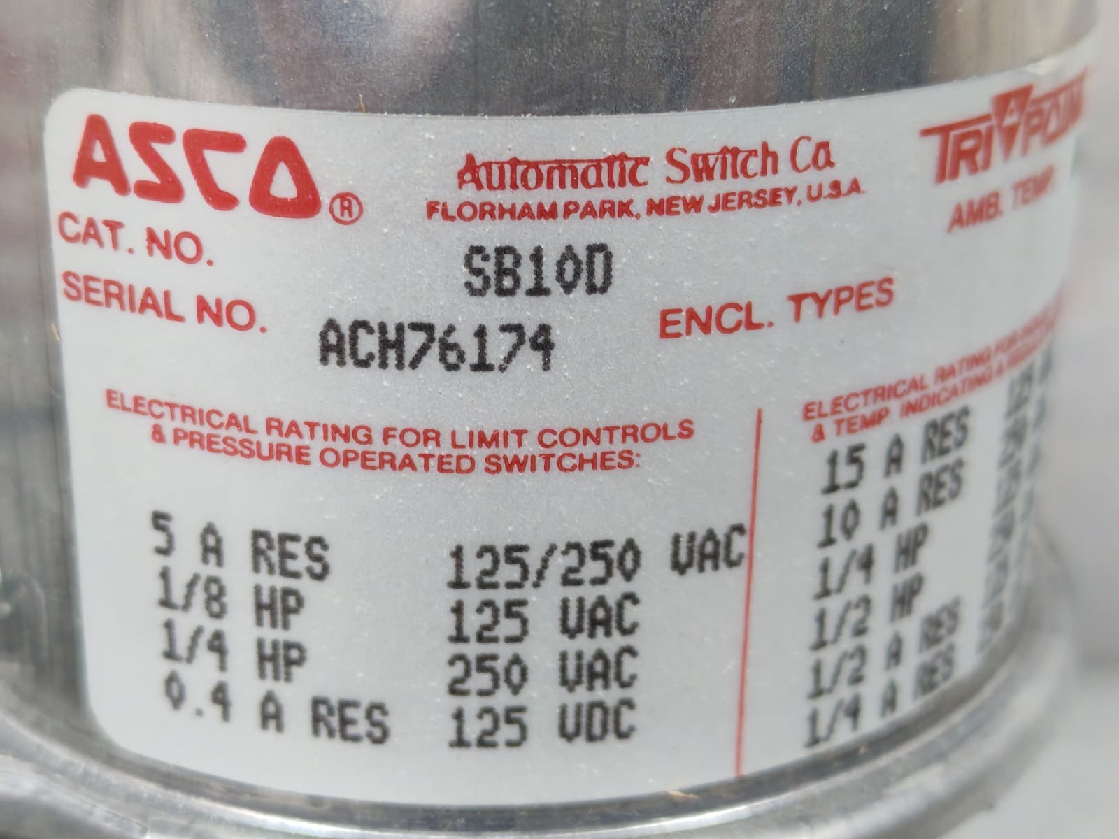 ASCO SB10D ASCO SB10D PRESSURE SWITCH 125-250VAC 5A 3