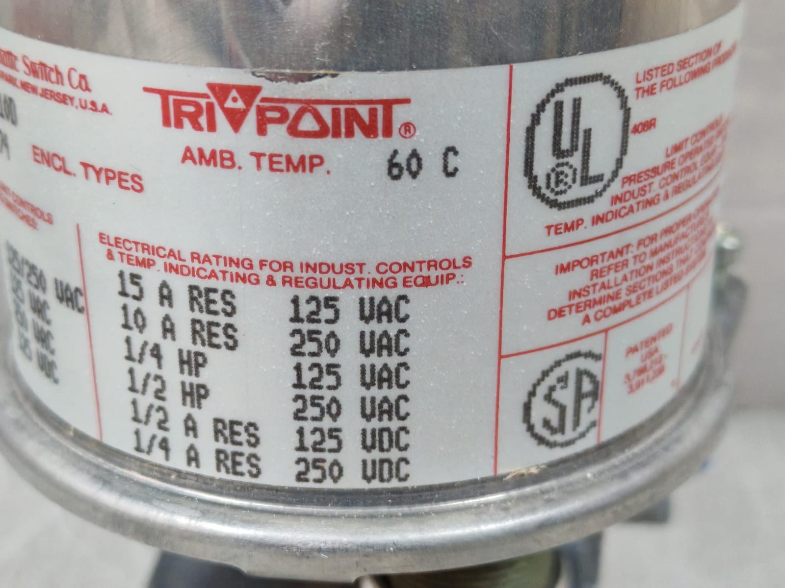 ASCO SB10D ASCO SB10D PRESSURE SWITCH 125-250VAC 5A 5