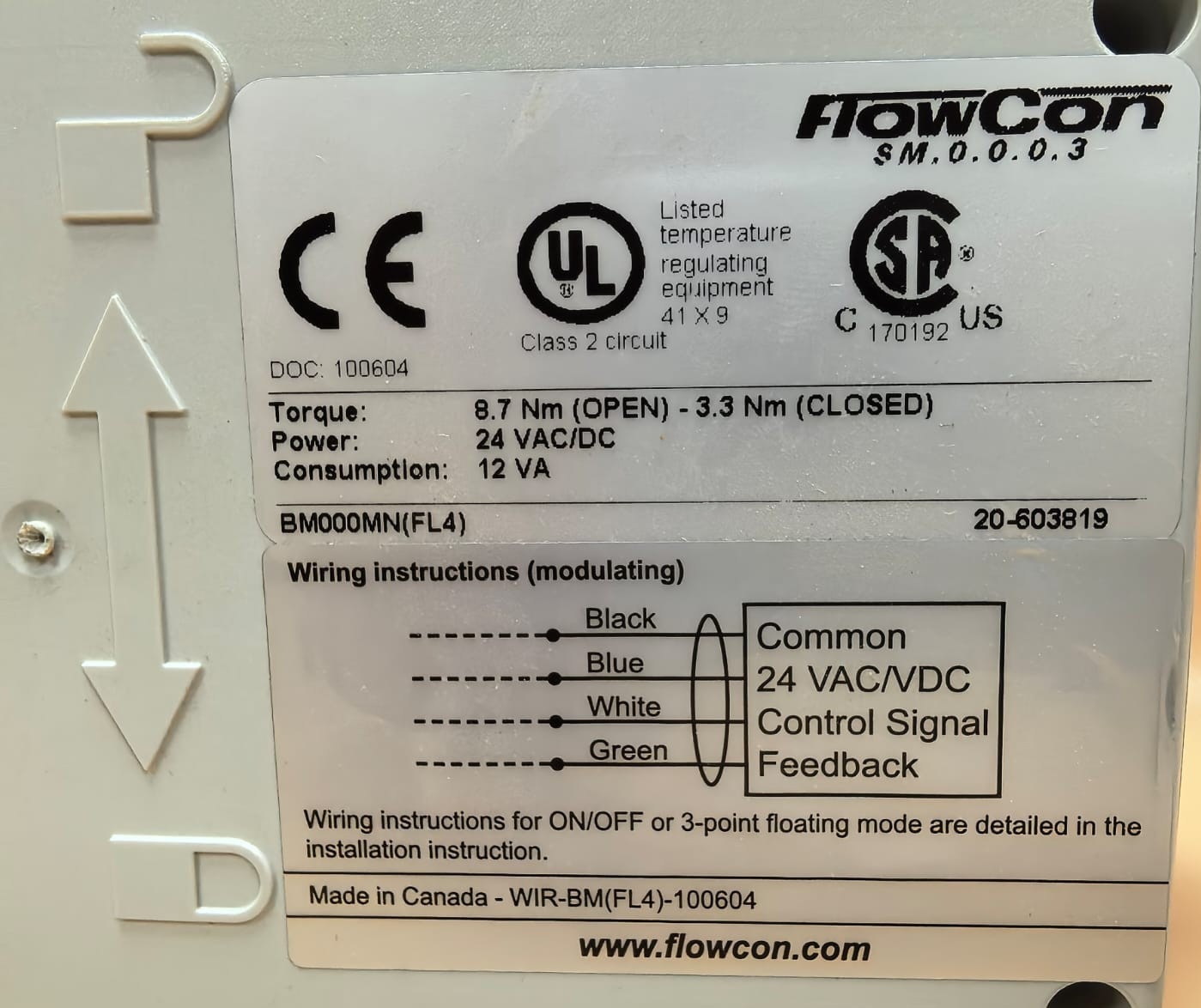 FLOWCON BM000MN FLOWCON BM000MN(FL4) MODULATING ACTUATOR 24VAC/DC 2