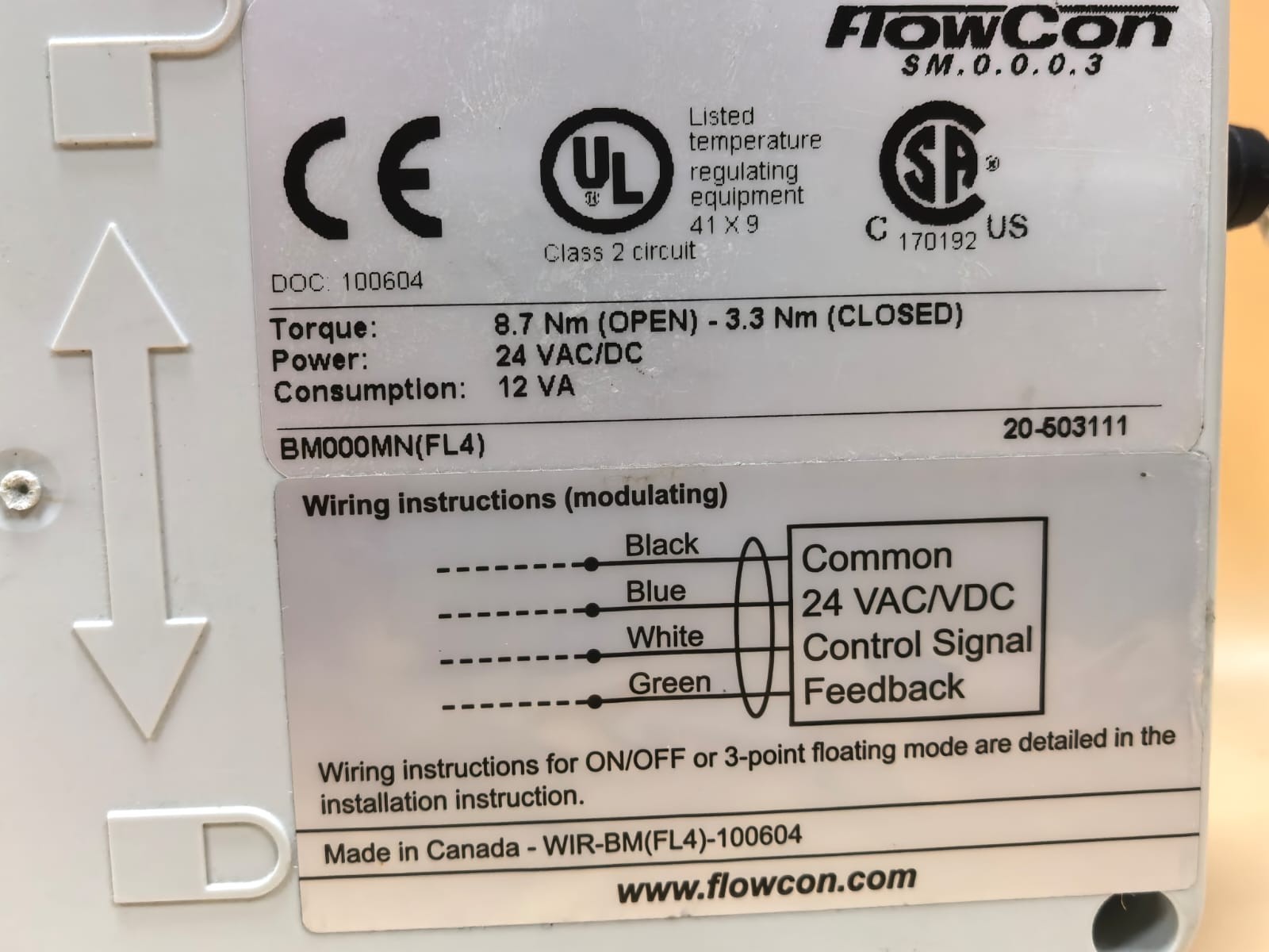 FLOWCON BM000MN FLOWCON SM.0.0.0.3 BM000MN(FL4) MODULATING ACTUATOR 24VAC/DC 2
