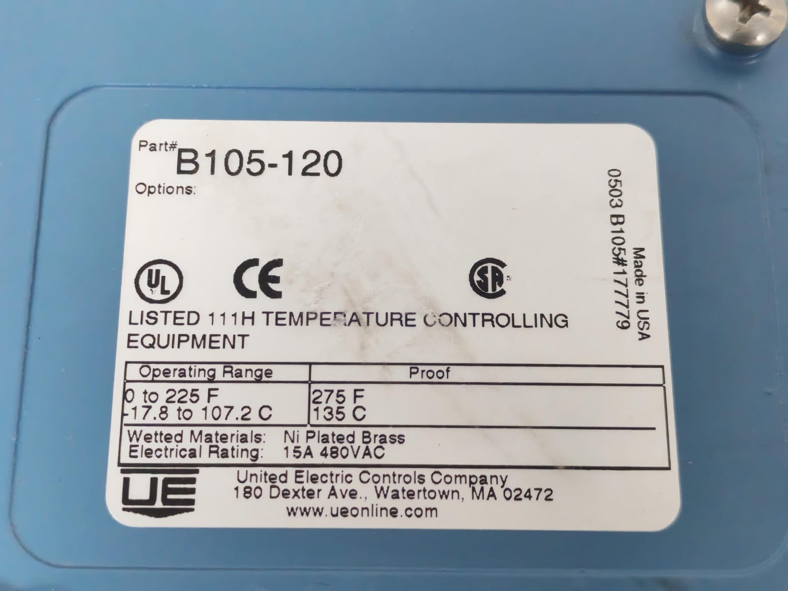 United Electric Controls B105-120 UNITED ELECTRIC CONTROLS B105-120 TEMPERATURE CONTROLLING 0-225F 135C 4