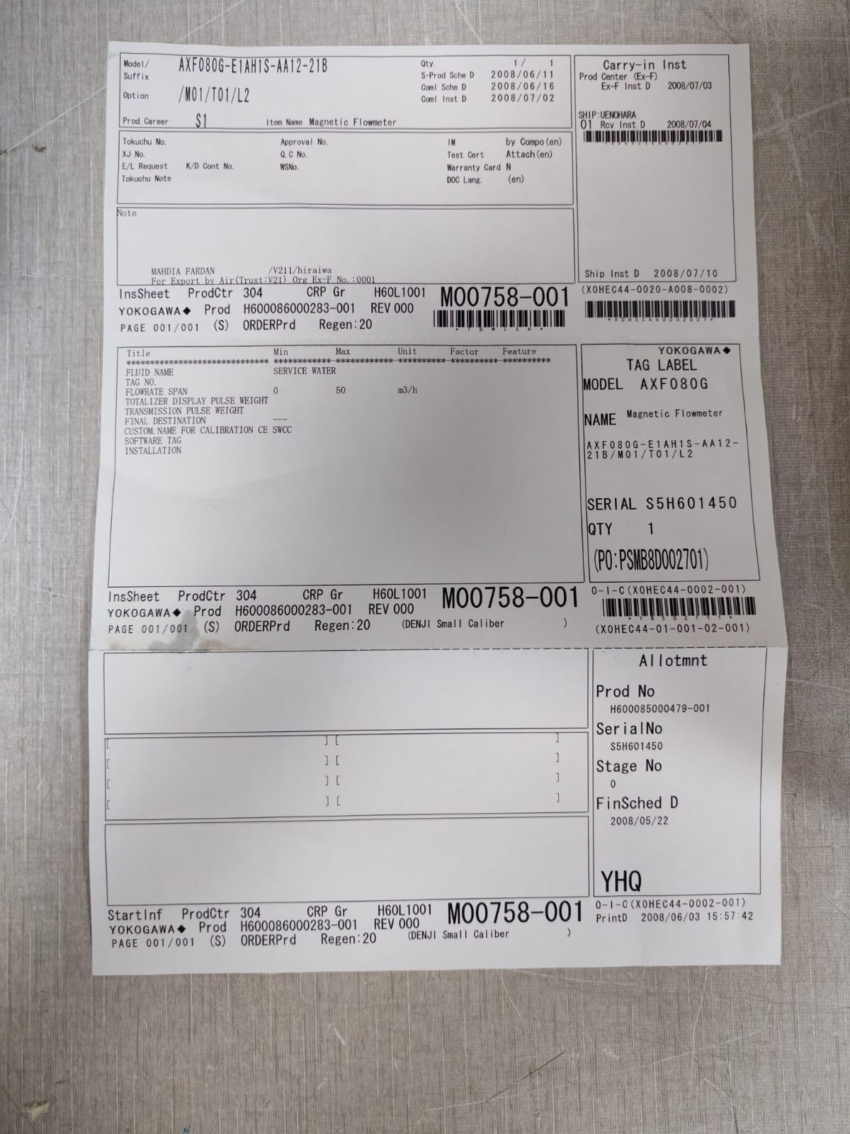 Yokogawa AXF080G-E1AH1S-AA12-21B YOKOGAWA AXF080G S1 / AXF080G-E1AH1S-AA12-21B ADMAG AXF MAGNETIC FLOWMETER 8