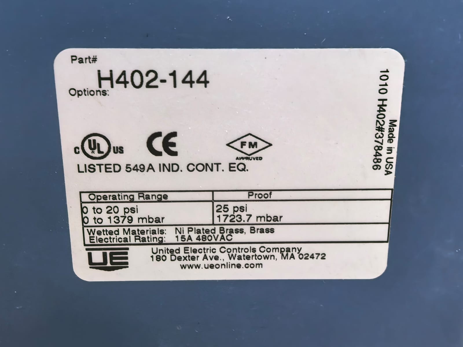 United Electric Controls H402-144 UNITED ELECTRIC H402-144 PRESSURE SWITCHES 0 TO 20 PSI 2
