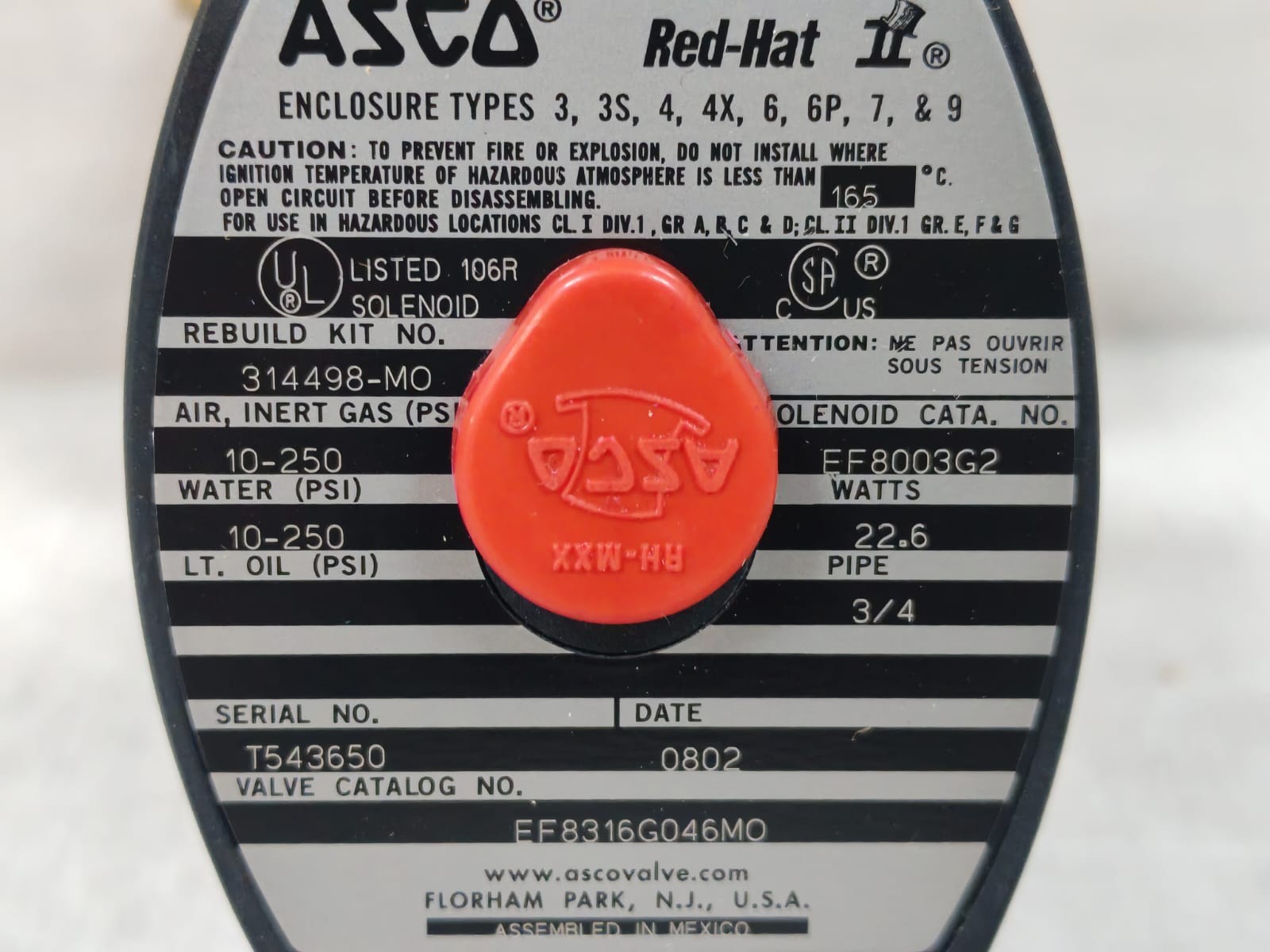 ASCO RED-HAT EF8003G2 / EF8316G046MO ASCO RED-HAT EF8003G2 / EF8316G046MO 22.6W SOLENOID VALVE 4