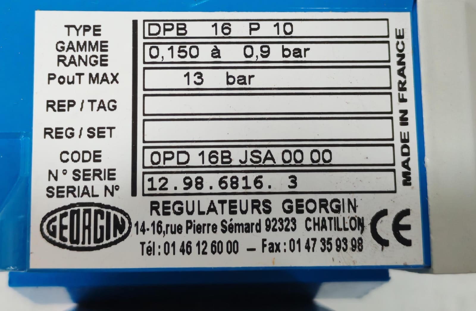 GEORGIN DPB16P10 / OPD16BJSA0000 GEORGIN DPB16P10 / OPD16BJSA0000 PRESSURE SWITCH 0.150A 13 BAR 6