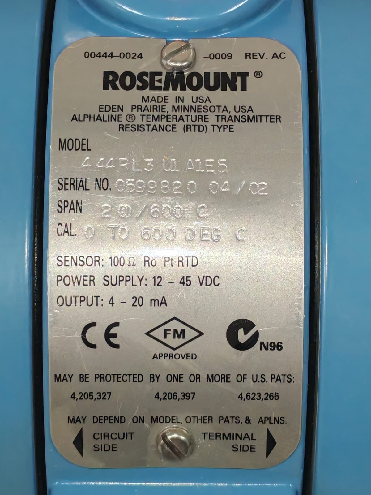 Rosemount 444RL1U1A1E5 ROSEMOUNT 444RL1U1A1E5 TEMPERATURE TRANSMITTER 12-45VDC 5