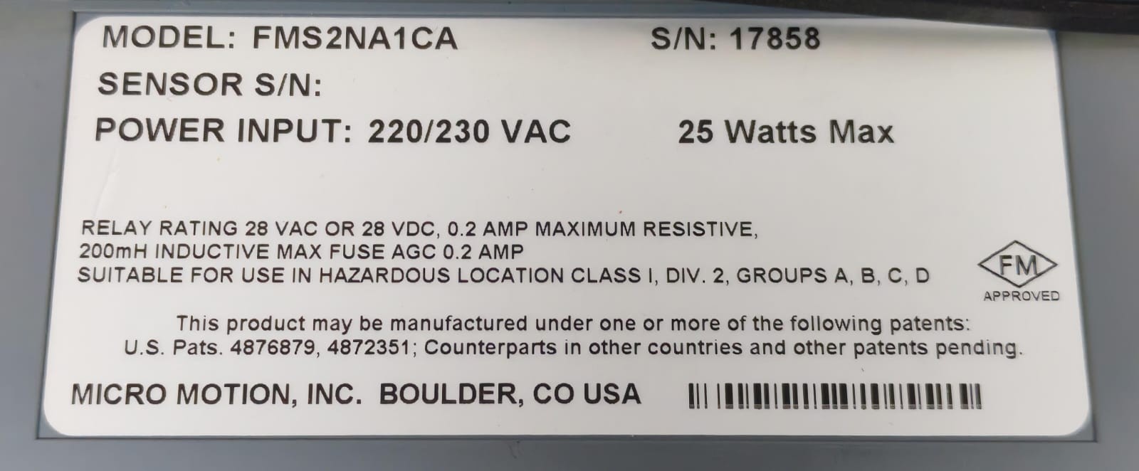 MICRO MOTION FMS2NA1CA MICRO MOTION FMS-3 FMS2NA1CA FLOW MONITORING SYSTEM 220/230VAC 6