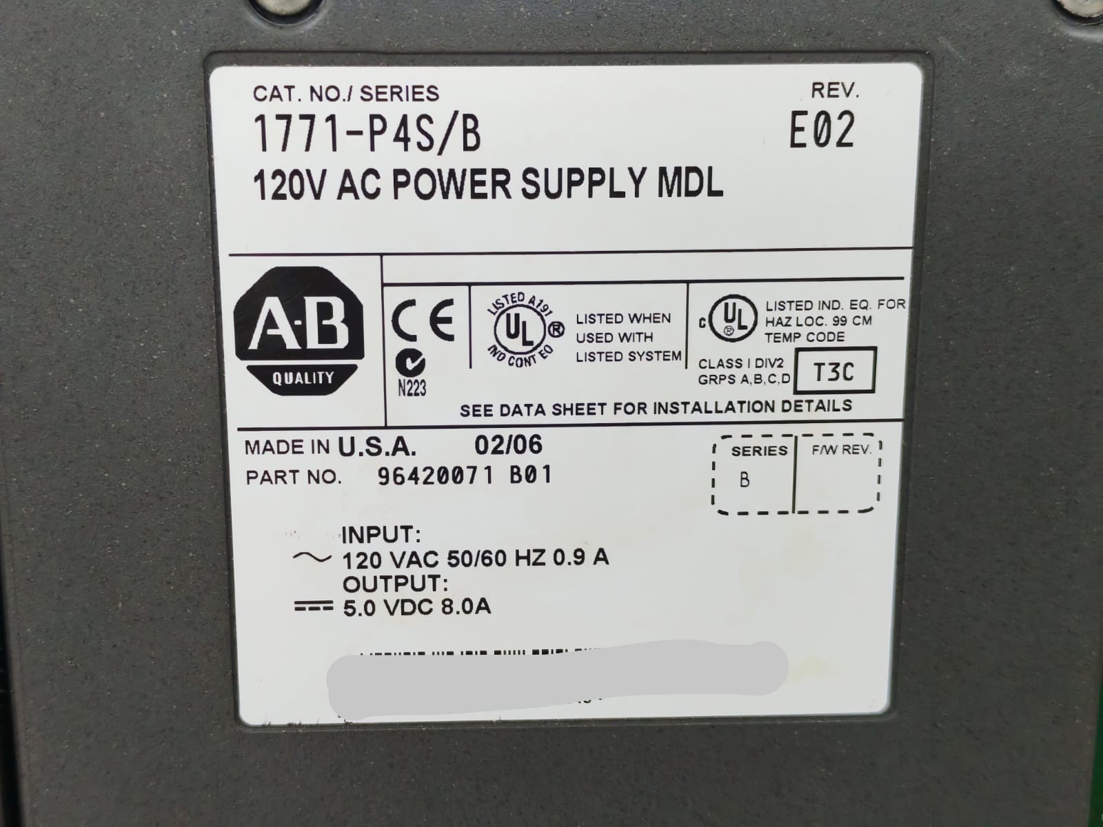 Allen-Bradley 96420071 B01 ALLEN BRADLEY 1771-P4S/B REV.E02 96420071 B01 120AC POWER SUPPLY MDL 7