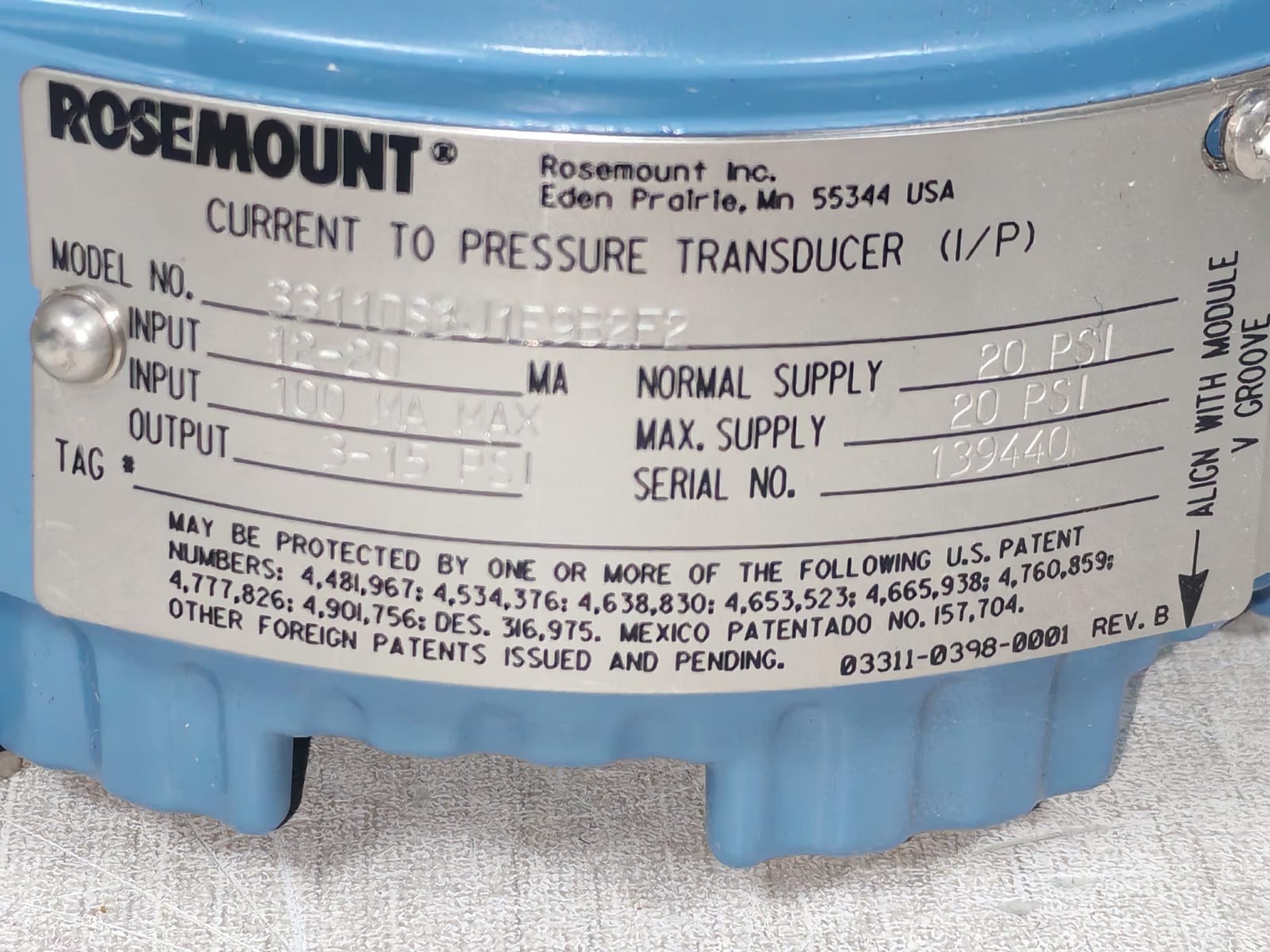 ROSEMOUNT ANALYTICAL 3311DS3J1E9B2F2 ROSEMOUNT ANALYTICAL 3311 / 3311DS3J1E9B2F2 CURRENT TO PRESSURE TRANSDUCER 100MA 7