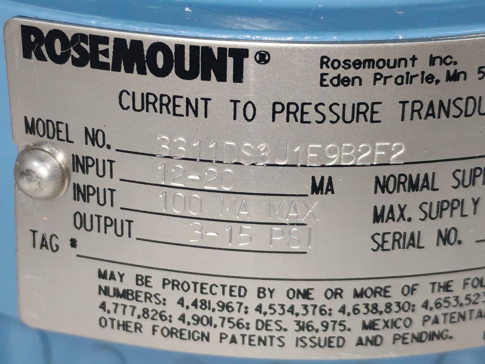 ROSEMOUNT ANALYTICAL 3311DS3J1E9B2F2 ROSEMOUNT ANALYTICAL 3311 / 3311DS3J1E9B2F2 CURRENT TO PRESSURE TRANSDUCER 100MA 8