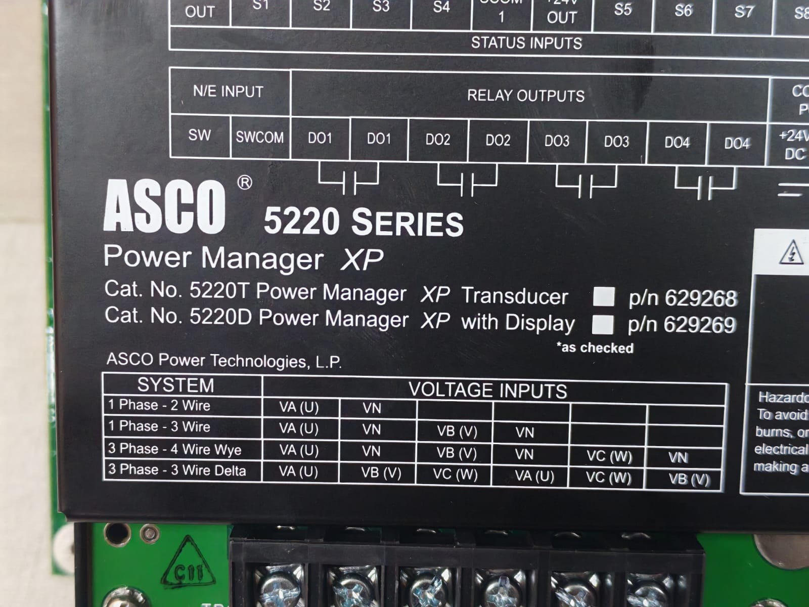 ASCO 607622 REV. M ASCO 5220 SERIES P/N 607622 REV. M POWER MONITORING CENTER 10