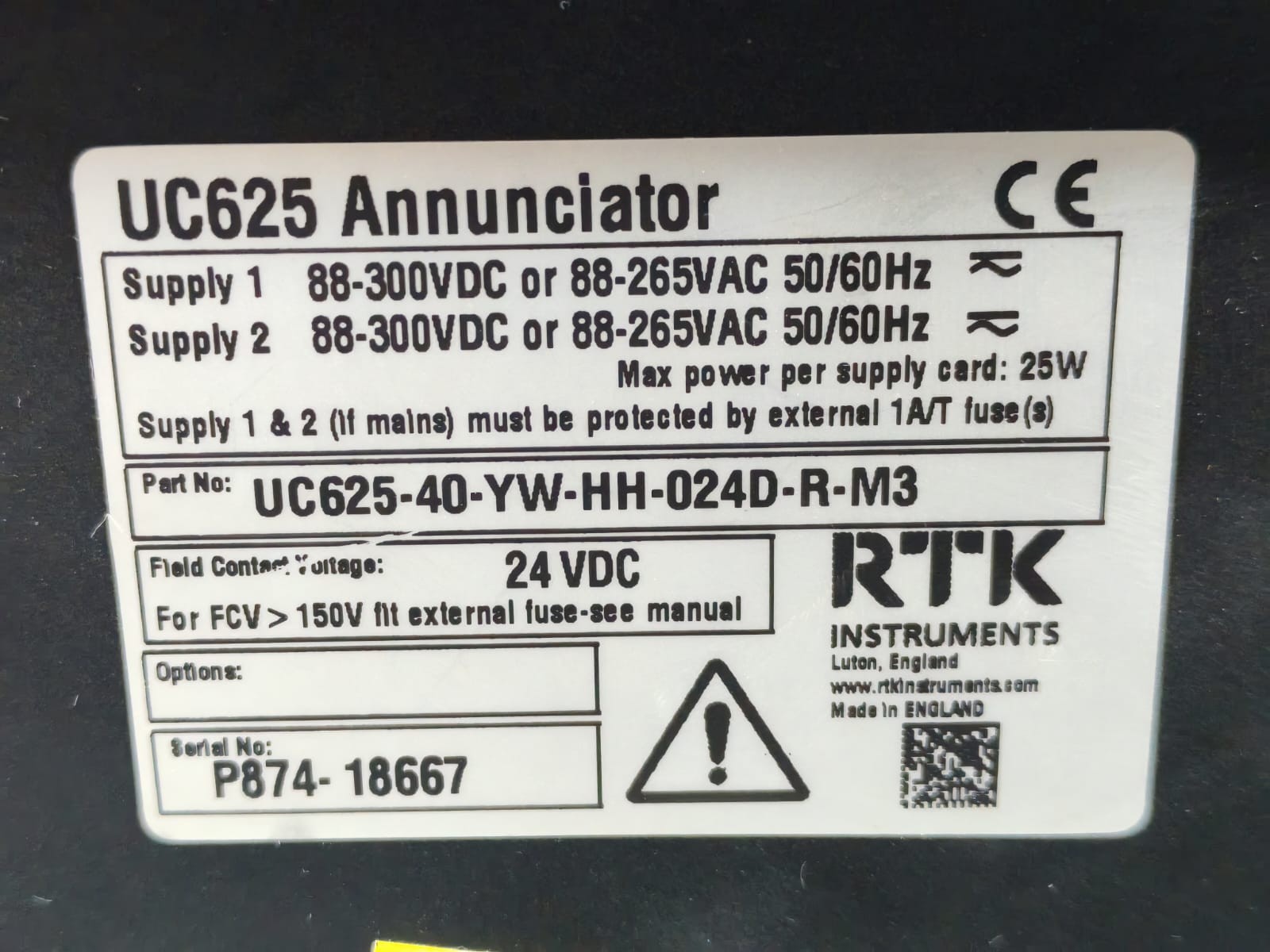 RTK INSTRUMENTS UC625 / UC625-40-YW-HH-024D-R-M3 RTK INSTRUMENTS UC625 / UC625-40-YW-HH-024D-R-M3 ALARM ANNUNCIATOR 24VDC 7