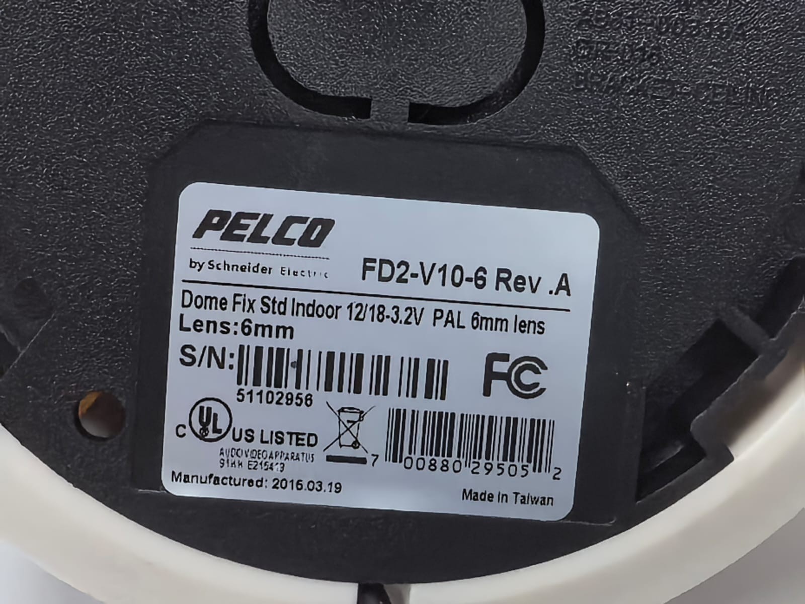 Pelco FD2-V10-6 PELCO FD2-V10-6 REV.A DOME FIX STD INDOOR 12/18-3.2V PAL 6MM LENS 4