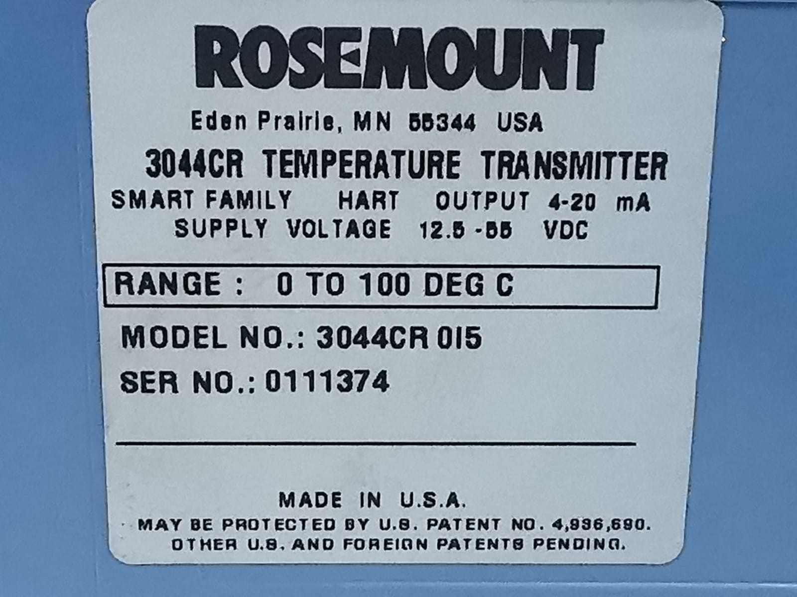 Rosemount 3044CR9 / 3044CR0I5 ROSEMOUNT 3044CR9 / 3044CR0I5 TEMPERATURE TRANSMITTER 0-100 DEG C 9