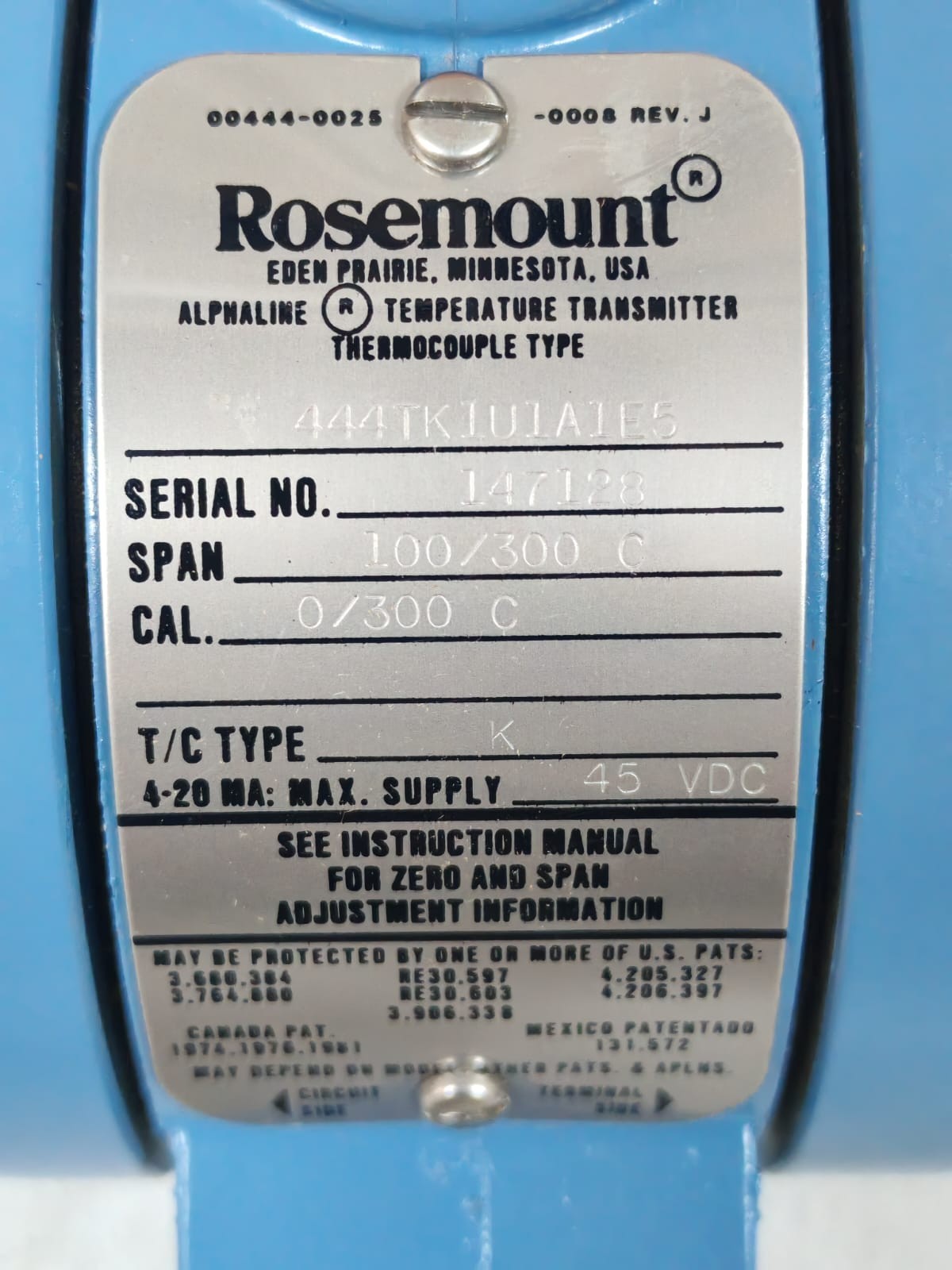 Rosemount 444TK1U1A1E5 ROSEMOUNT 444TK1U1A1E5 TEMPERATURE TRANSMITTER 45VDC 9