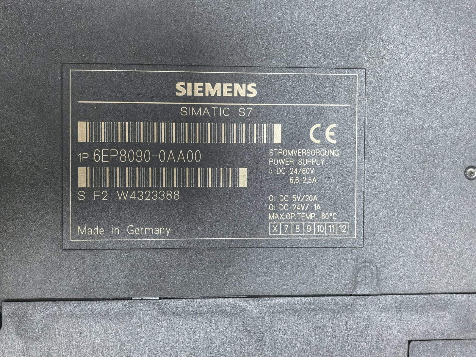 Siemens 6EP8090-0AA00 SIEMENS 6EP8090-0AA00 SIMATIC S7-400 PS 20A POWER SUPPLY 4