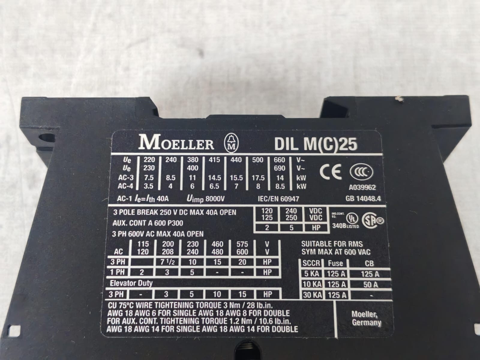 Eaton 25-10 MOELLER DIL M 25-10 / DIL M(C)25 POWER CONTACTOR 6