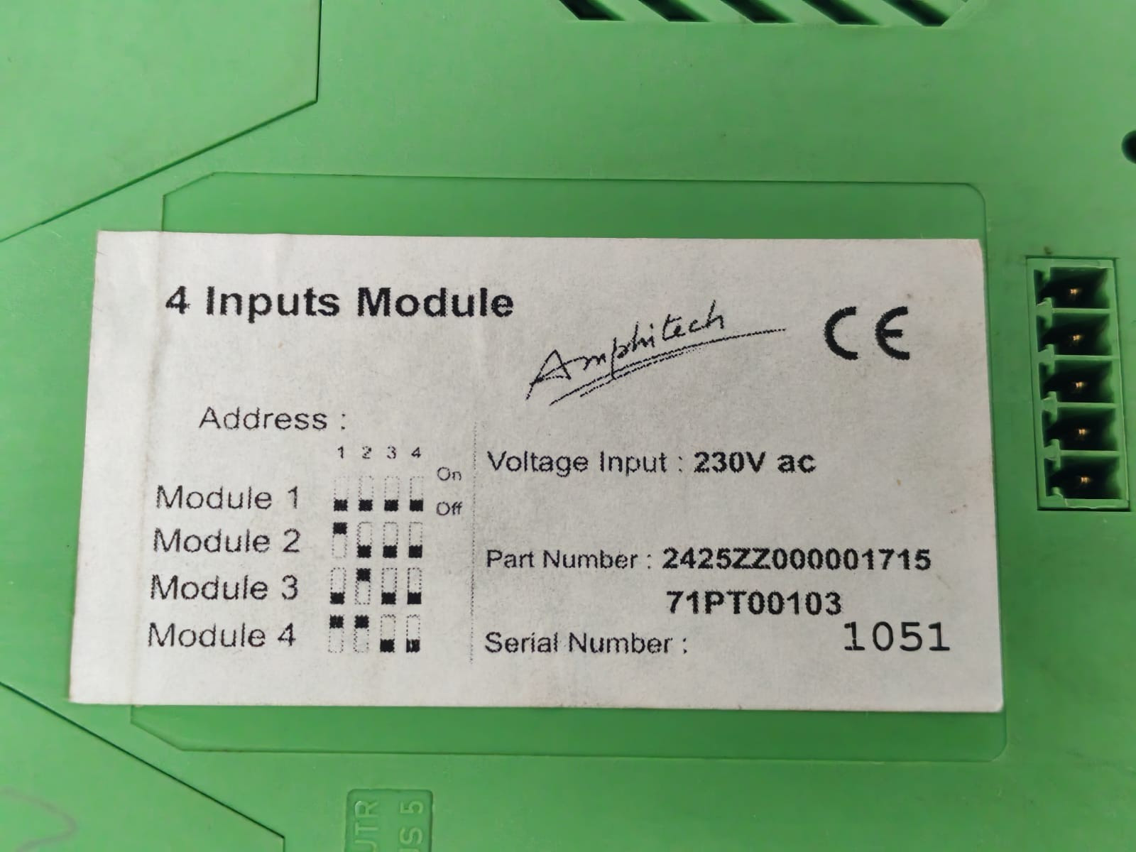 AMPHITECH 2425ZZ0000171571PT00103 AMPHITECH 2425ZZ0000171571PT00103 4 INPUTS MODULE 230VAC 5