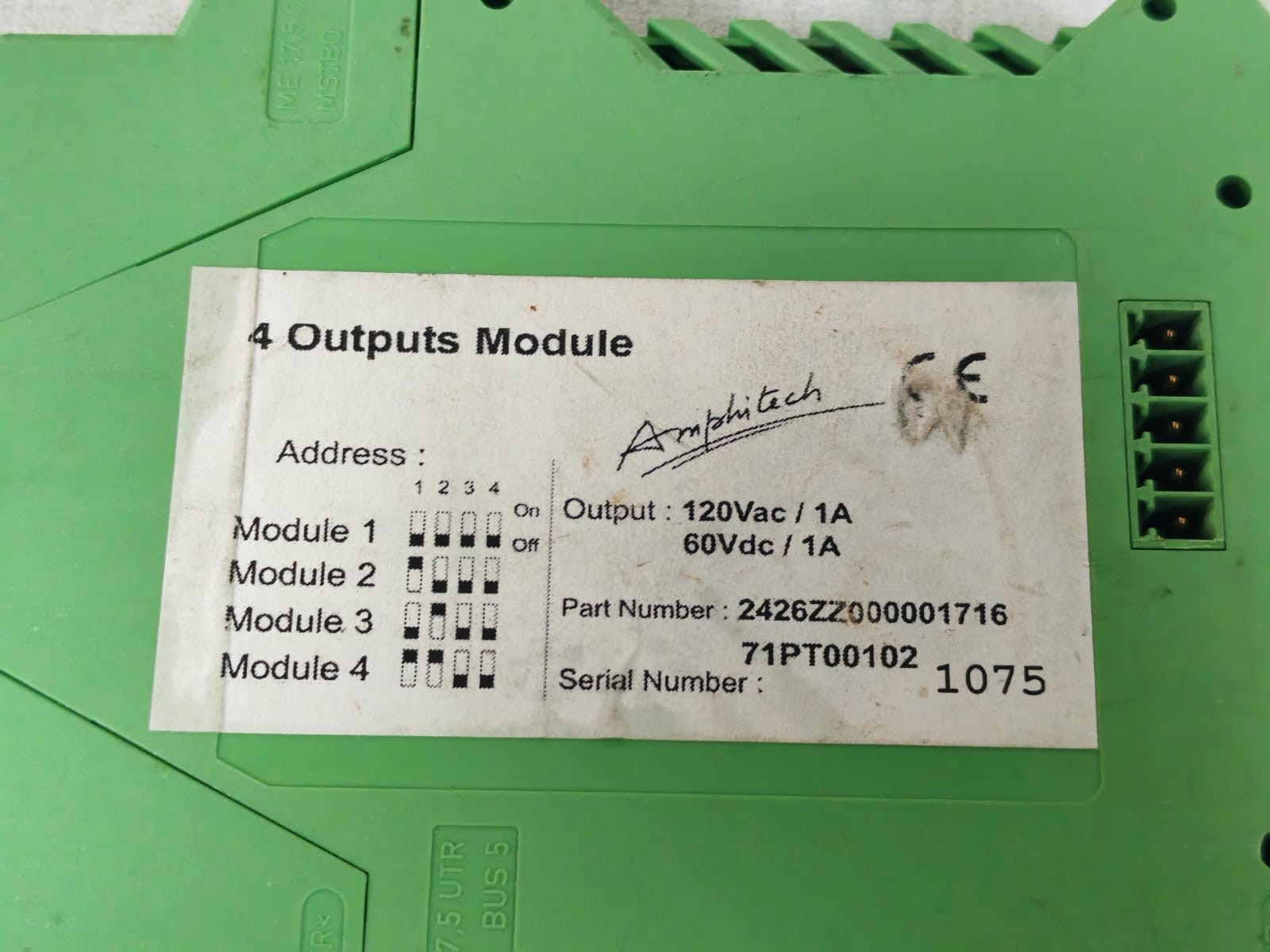 AMPHITECH 120VAC/1A AMPHITECH 2426ZZ0000171671PT00102 4 INPUTS MODULE 120VAC/1A 60VDC/1A 5
