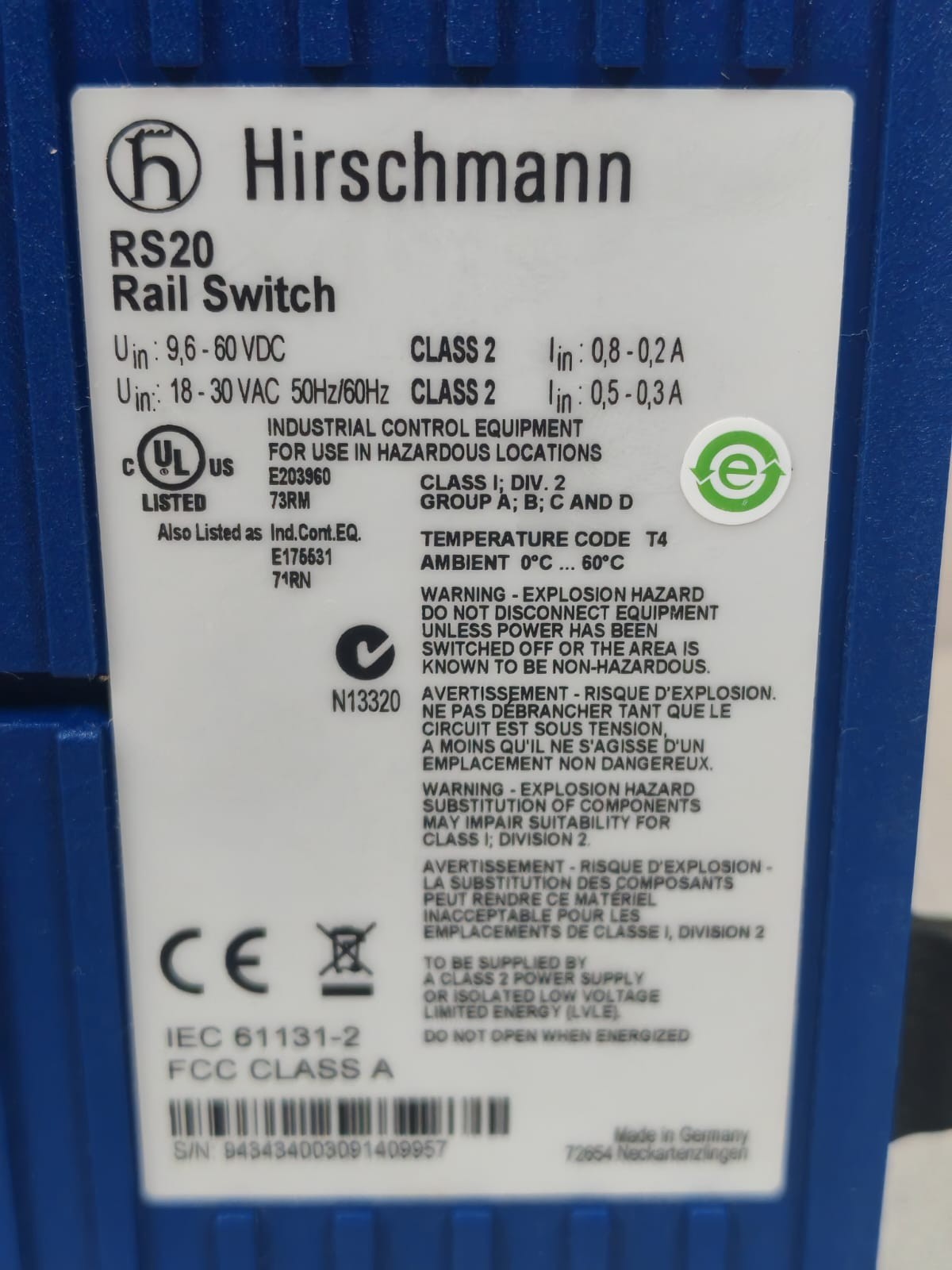 Hirschmann RS20-0800M2MSDAEHH03.1.02 HIRSCHMANN RS20 / RS20-0800M2MSDAEHH03.1.02 RAIL SWITCH 9