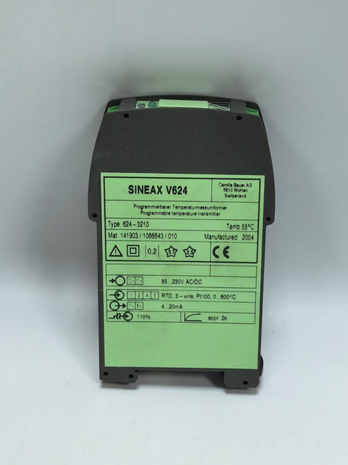 Camille Bauer V624 CAMILLE BAUER AG SINEAX V624 PROGRAMMABLE TEMPERATURE TRANSMITTER 624-3210 3
