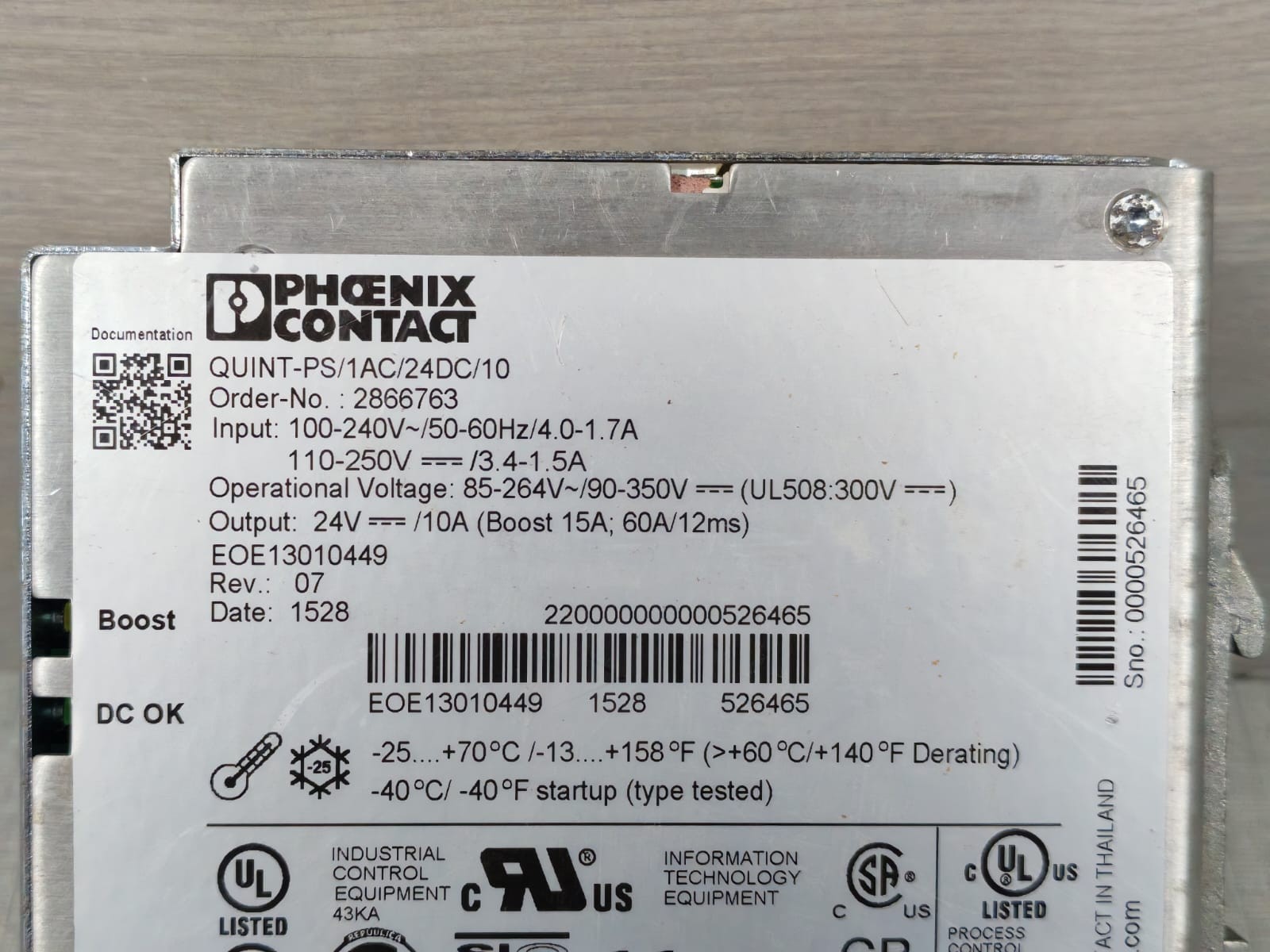 Phoenix Contact QUINT-PS/1AC/24DC/10 2866763 REV 07 PHOENIX CONTACT QUINT-PS/1AC/24DC/10 2866763 REV 07 POWER SUPPLY 6