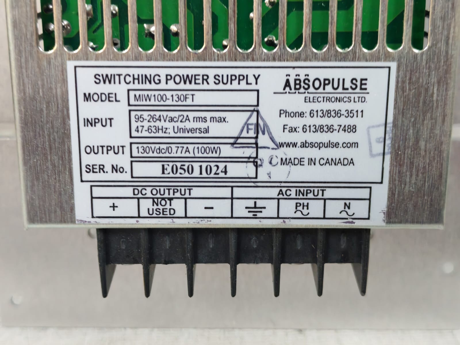 ABSOPULSE MIW100-130FT ABSOPULSE MIW100-130FT SWITCHING POWER SUPPLY 95-264VAC/2A RMS 5