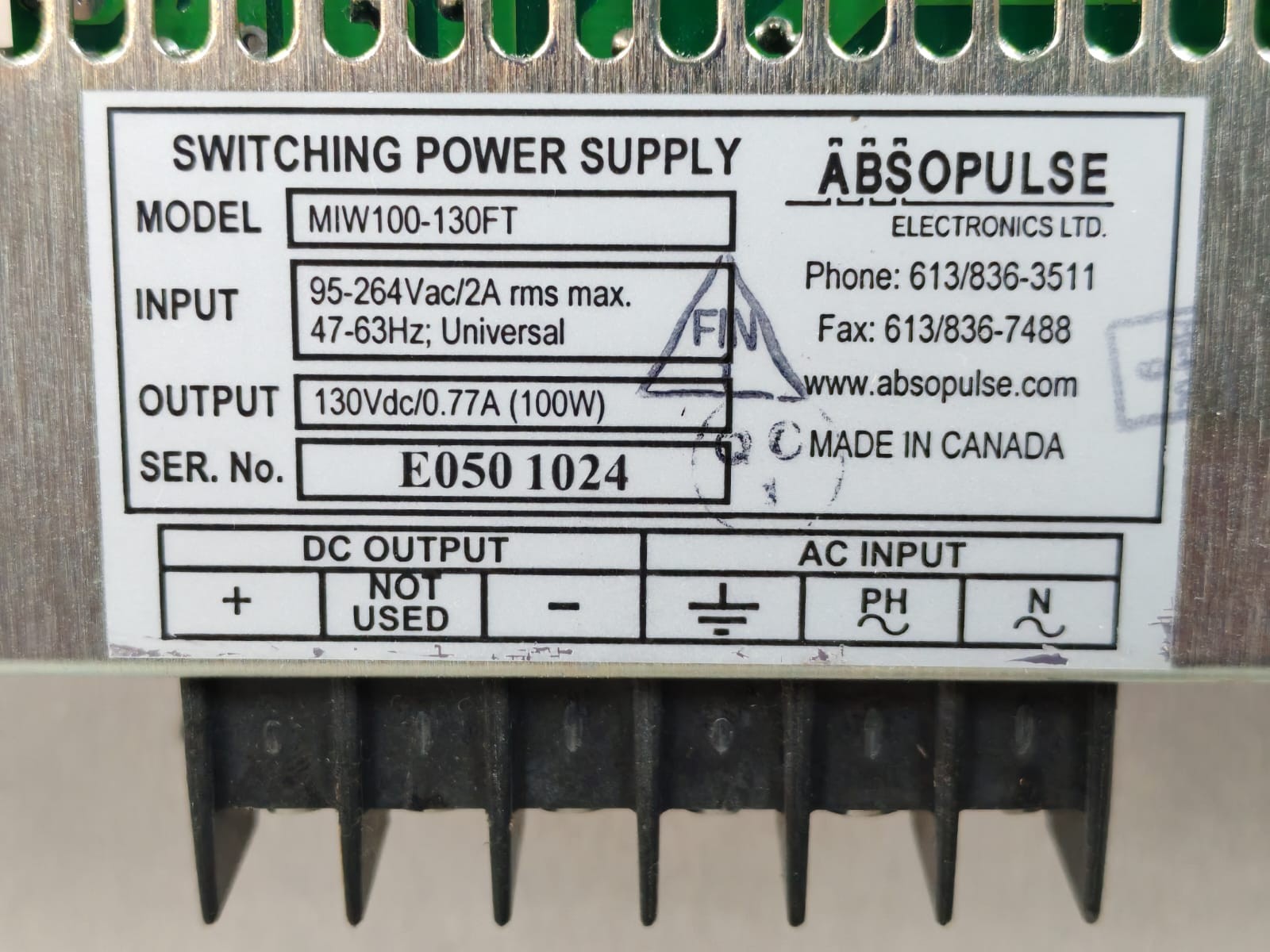 ABSOPULSE MIW100-130FT ABSOPULSE MIW100-130FT SWITCHING POWER SUPPLY 95-264VAC/2A RMS 8
