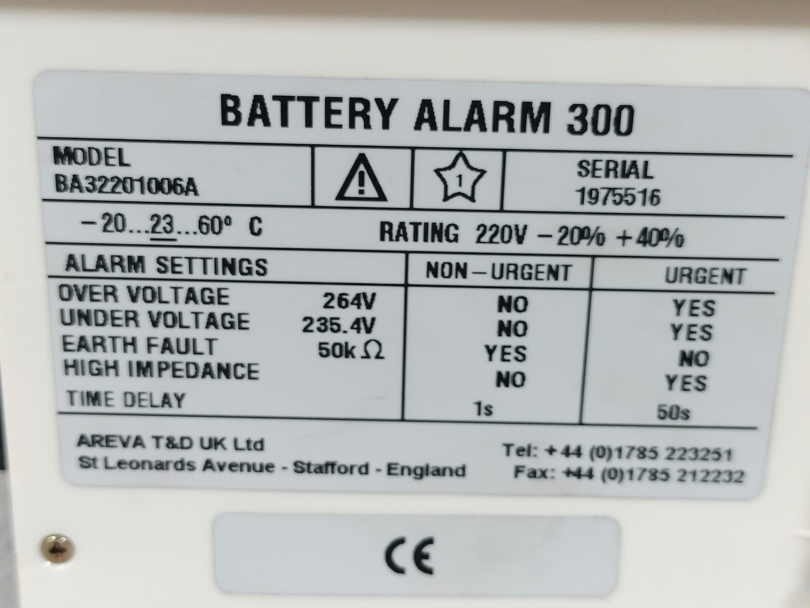 Areva ALARM-300 AREVA BA322010006A BATTERY ALARM 300 220V 7
