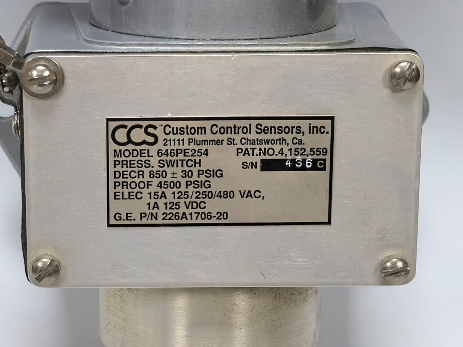CCS 646PE254 CCS CUSTOM CONTROL SENSORS 646PE254 PRES SWITCH 226A1706-20 3