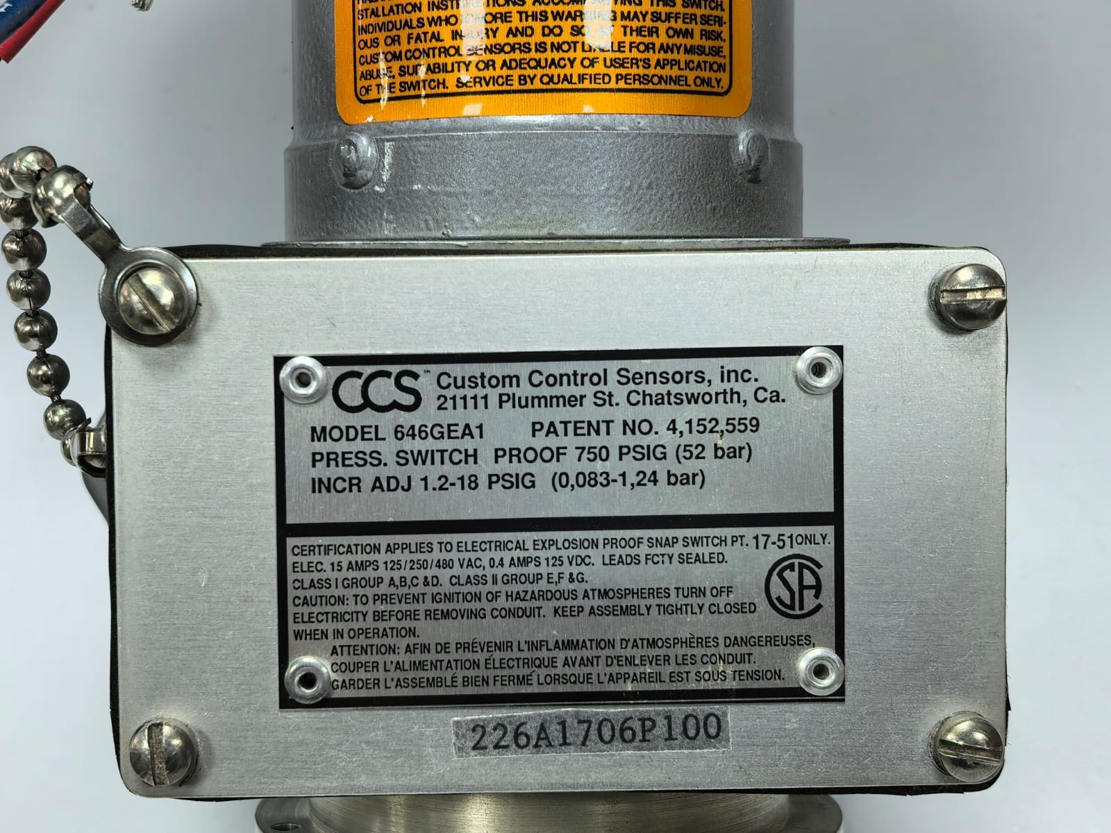 CCS 646GEA1 CCS CUSTOM CONTROL SENSORS 646GEA1 PRESS SWITCH PROOF 750 PSIG(52BAR) 3