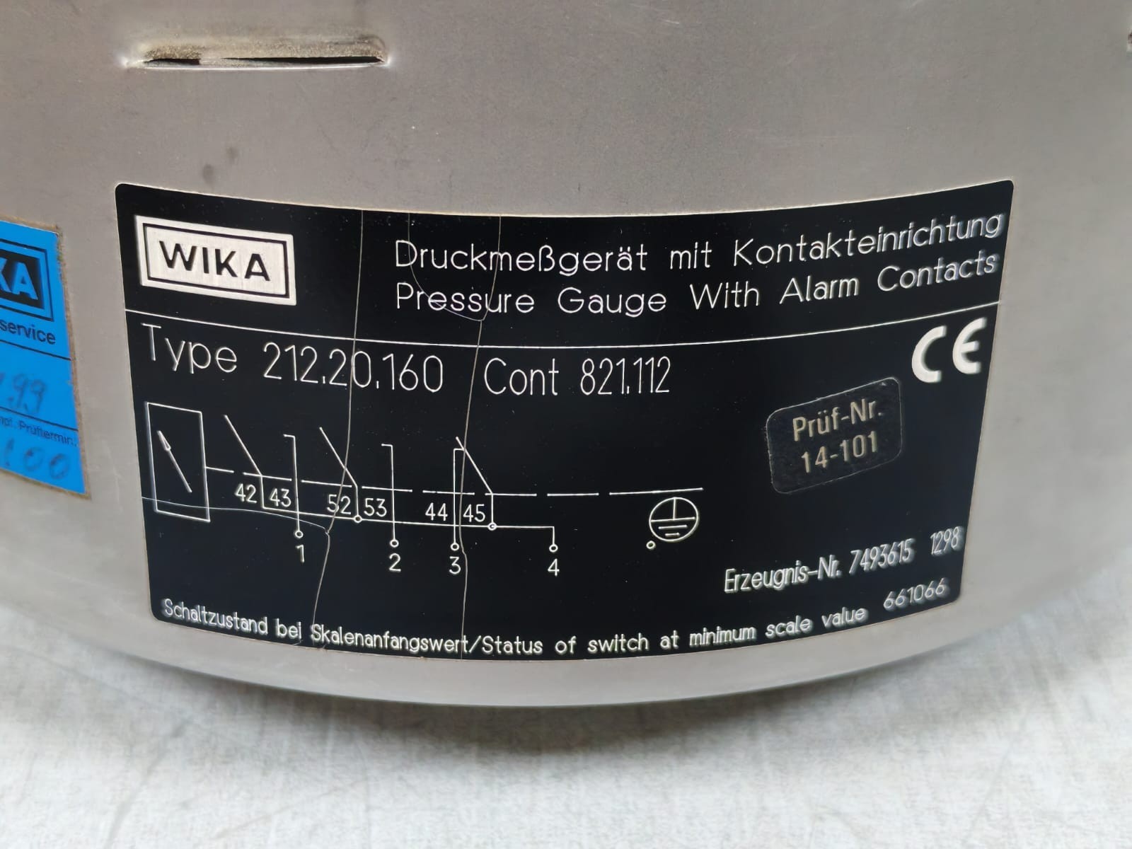 WIKA 212.20.160 WIKA 212.20.160 PRESSURE GAUGE WITH ALARM CONTACTS 821.112 7
