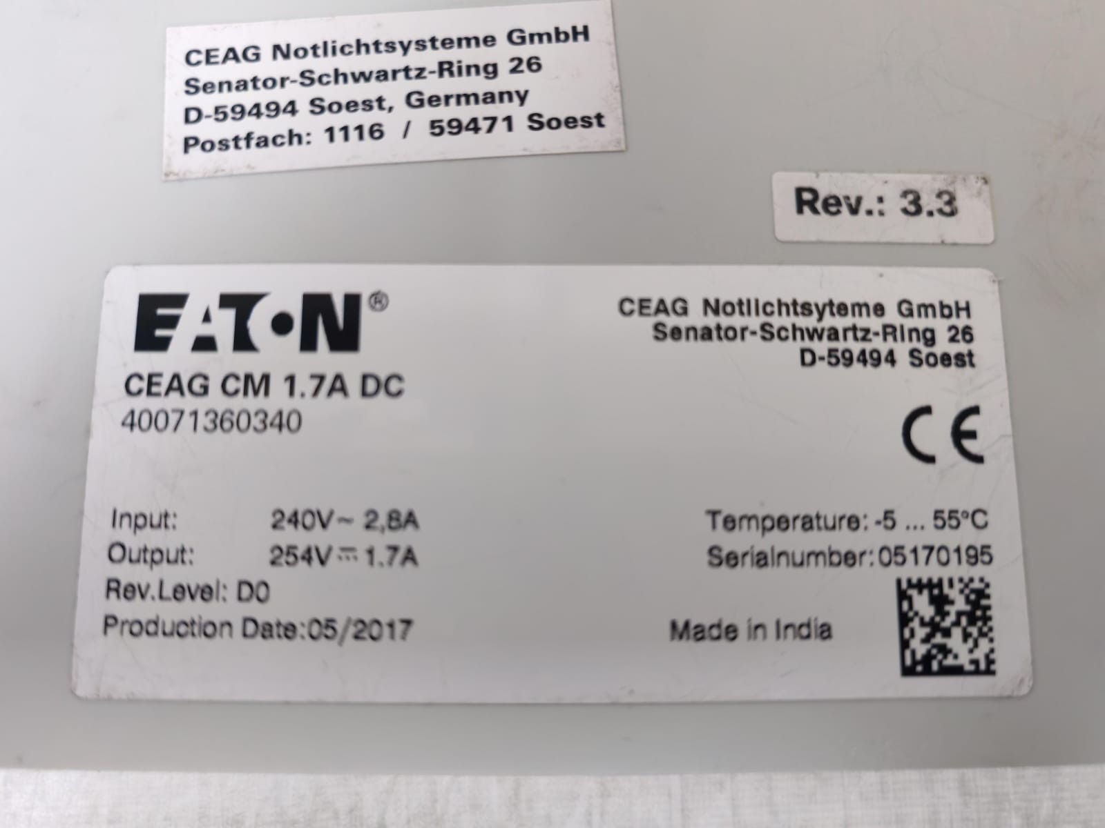 Eaton CM 1.7A 40071360340 EATON CEAG CM 1.7A 40071360340 DC CHARGE MODULE 240V 9