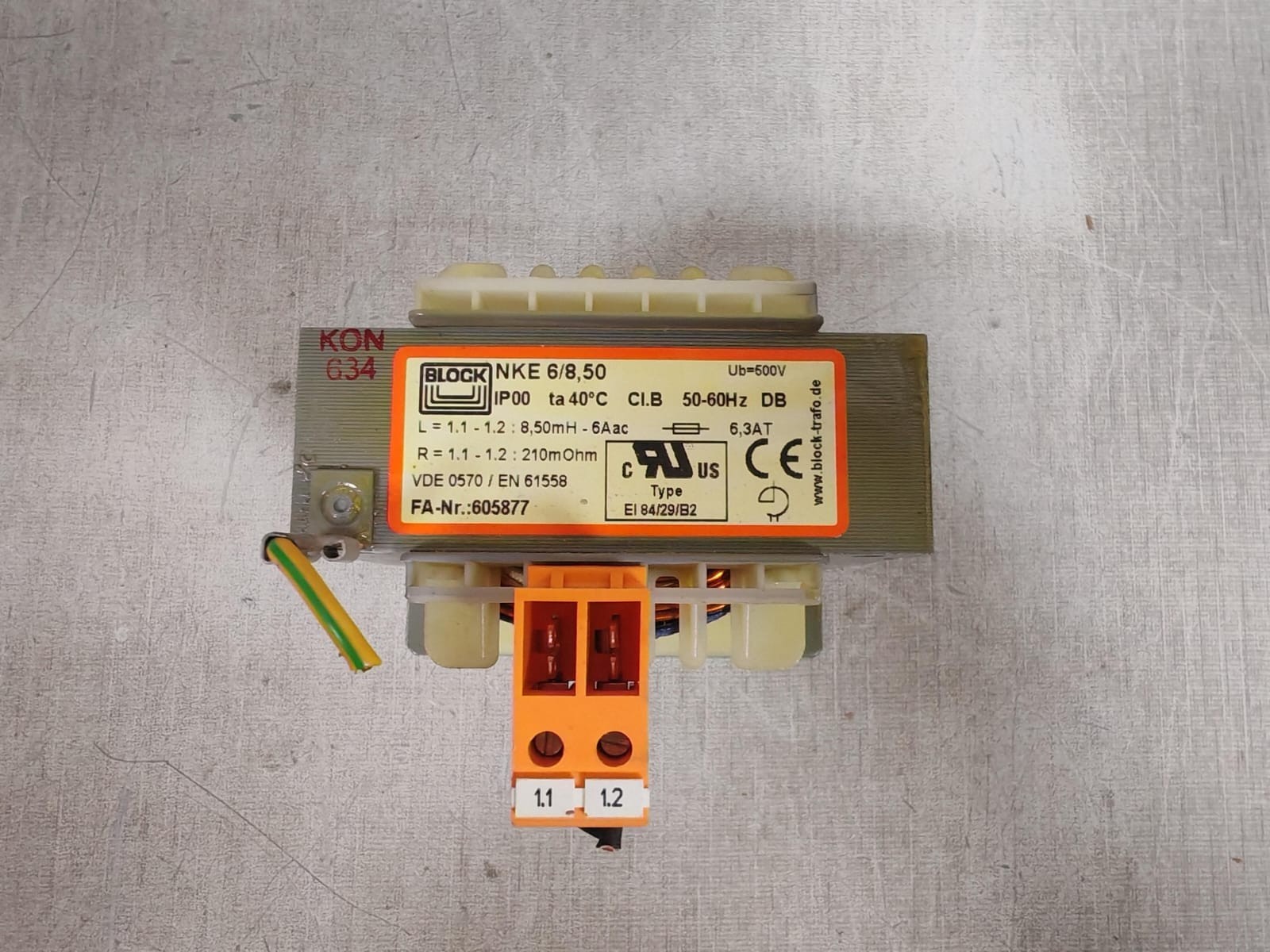 BLOCK NKE 6/8,50 605877 VDE0570/EN61558 TRANSFORMER
