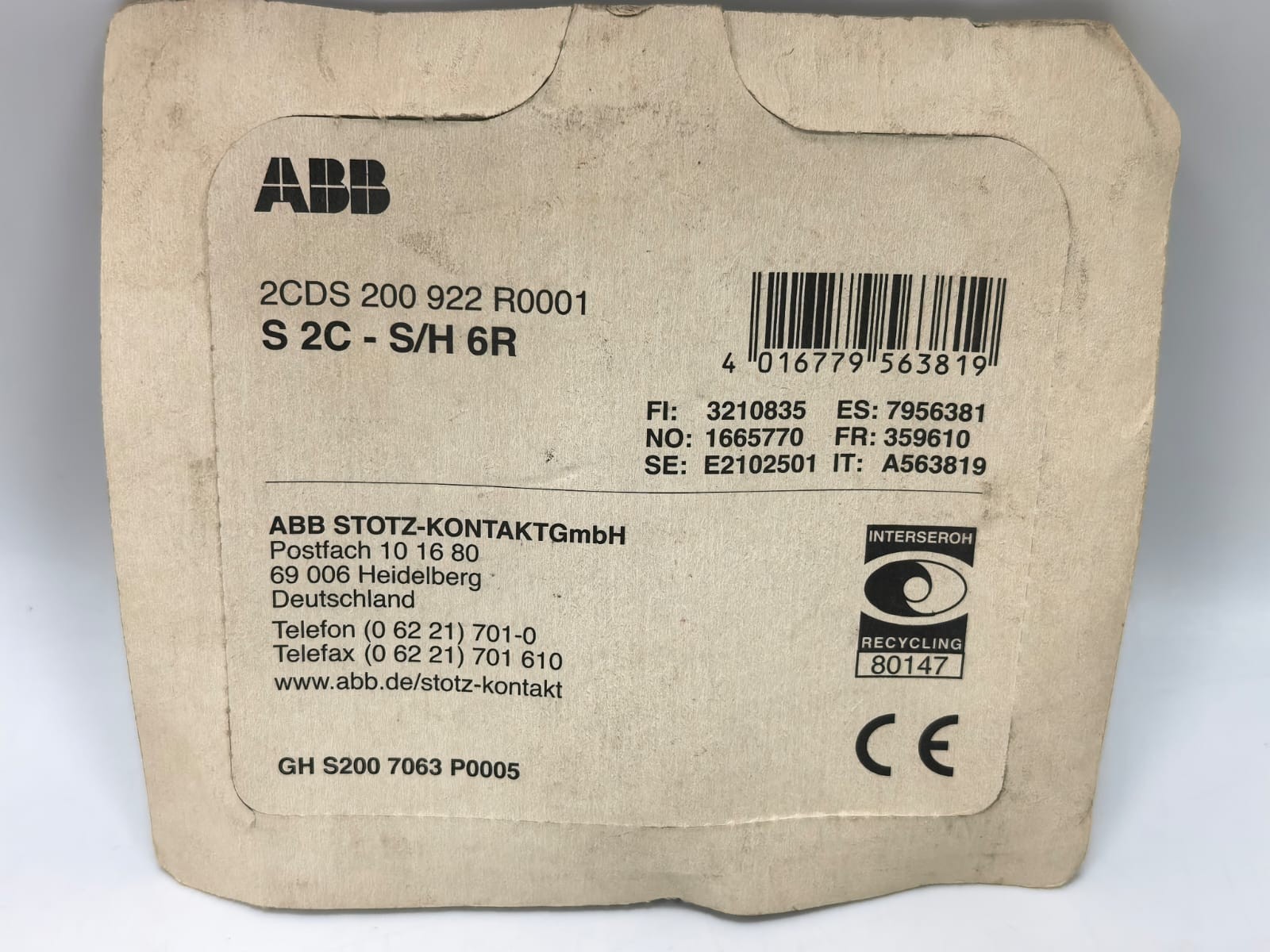 ABB S 2C-S/H 6R ABB S 2C-S/H 6R AUXILIARY AND SIGNAL CONTACT MODULE 2CDS 200 922 R0001 2