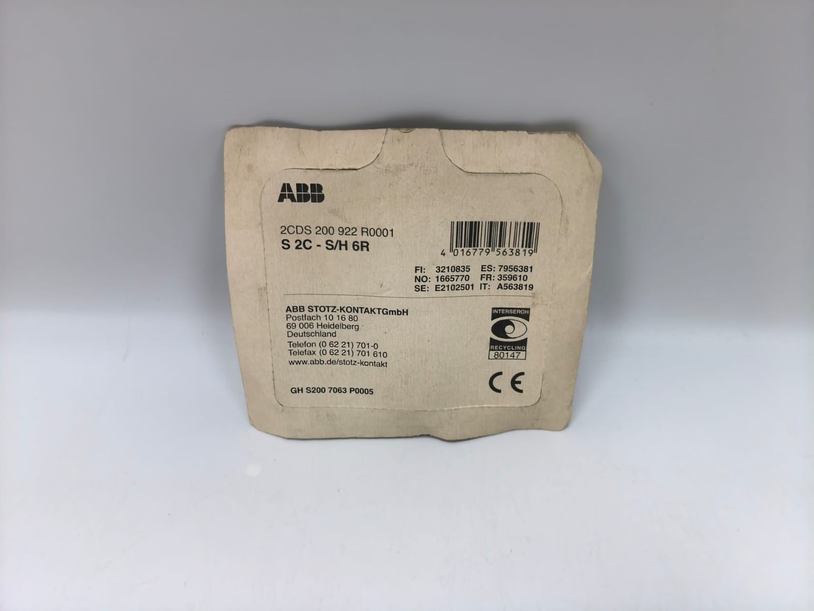 ABB S 2C-S/H 6R AUXILIARY AND SIGNAL CONTACT MODULE 2CDS 200 922 R0001