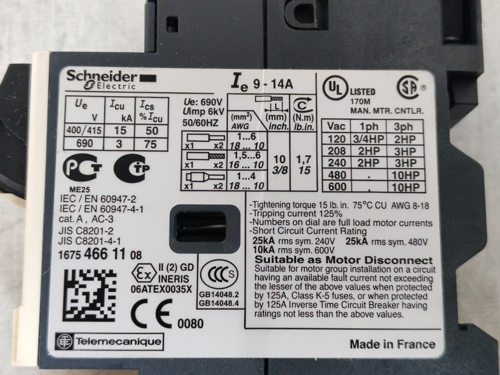 Schneider Electric GV2ME16 SCHNEIDER ELECTRIC GV2ME16 MOTOR CIRCUIT BREAKER 7