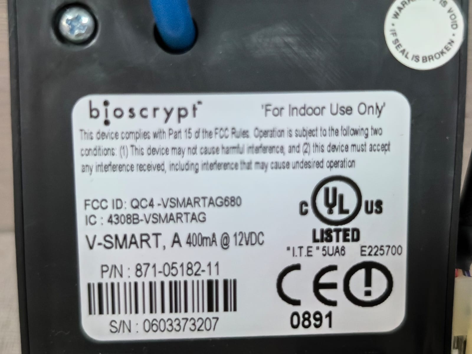 BIOSCRYPT 871-05182-11 /871-05252-13 BIOSCRYPT V-SMART A 871-05182-11 /871-05252-13 ACCESS CONTROL DEVICE 5