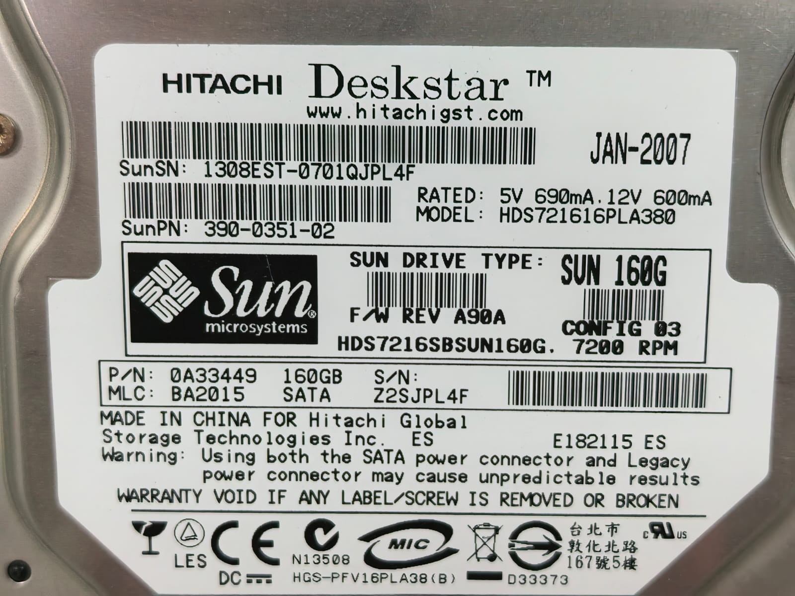Hitachi 0A33449 160GB HDS721616PLA380 HITACHI SUN 0A33449 160GB HDS721616PLA380 DISK 5