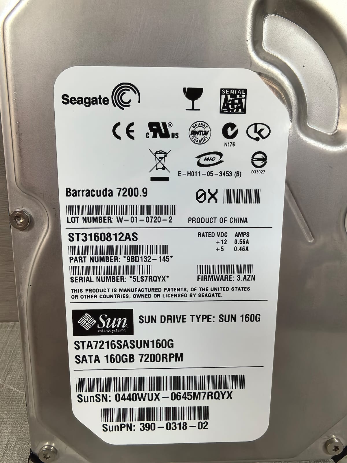 Seagate 9BD132-145 ST3160812AS F/W 3.AZN SEAGATE 9BD132-145 ST3160812AS F/W 3.AZN HARD DISK 7