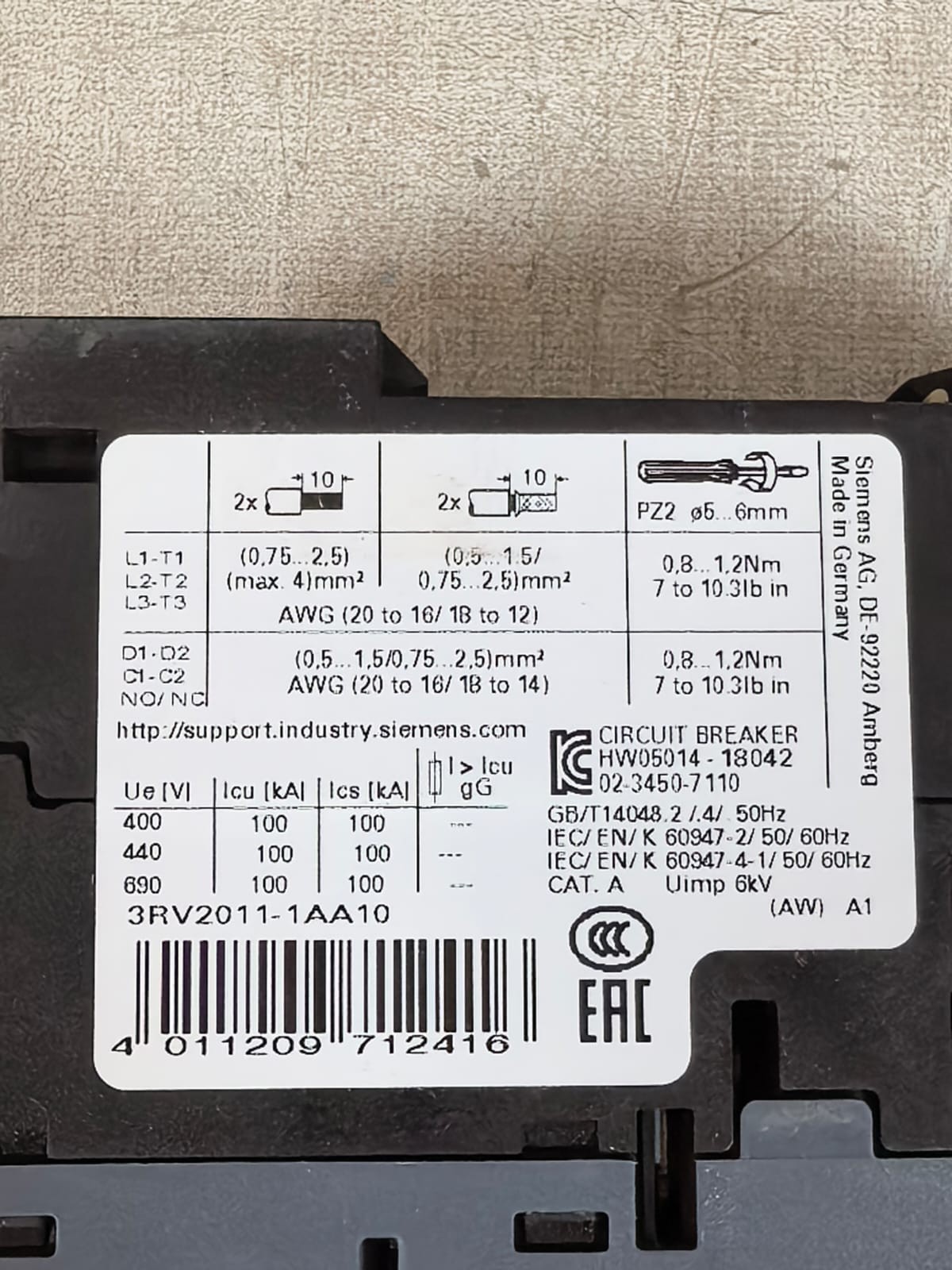 Siemens SIRIUS 3RV2011-1AA10 SIEMENS SIRIUS 3RV2011-1AA10 CIRCUIT BREAKER 7
