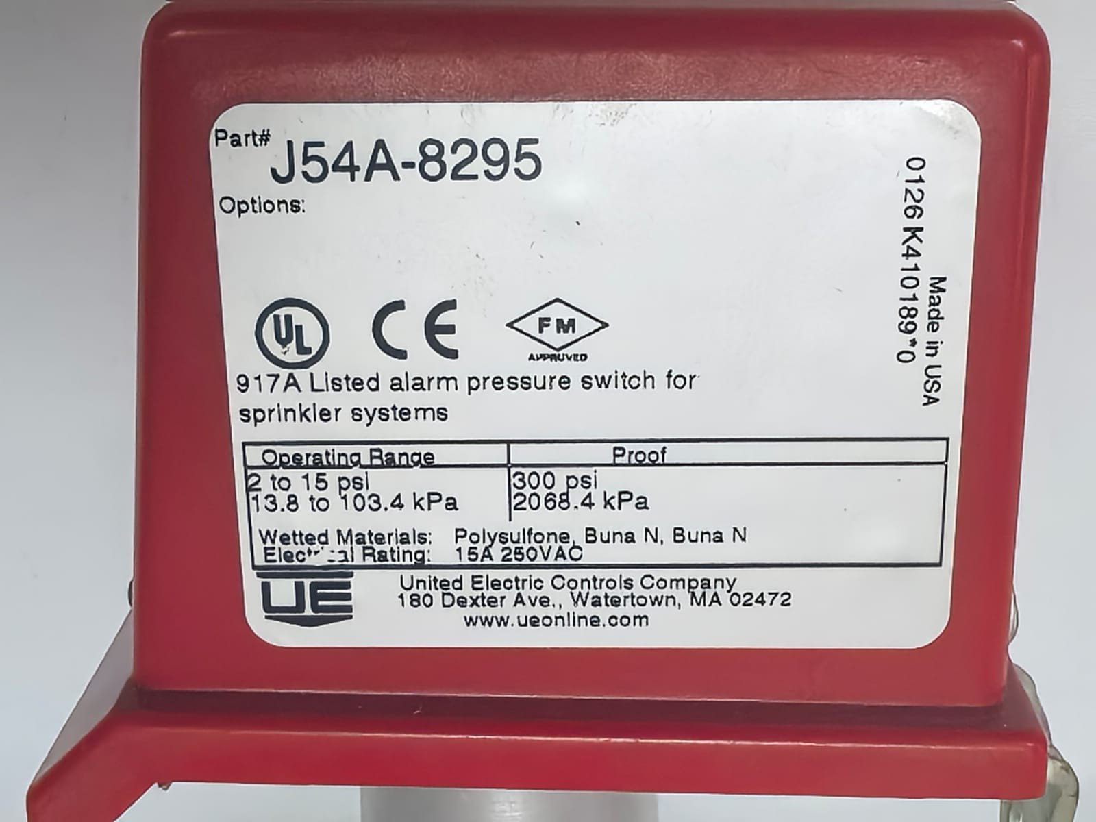 United Electric Controls J54A-8295 UNITED ELECTRIC CONTROLS J54A-8295 ALARM PRESSURE SWITCH FOR SPRINKLER SYSTEMS 4