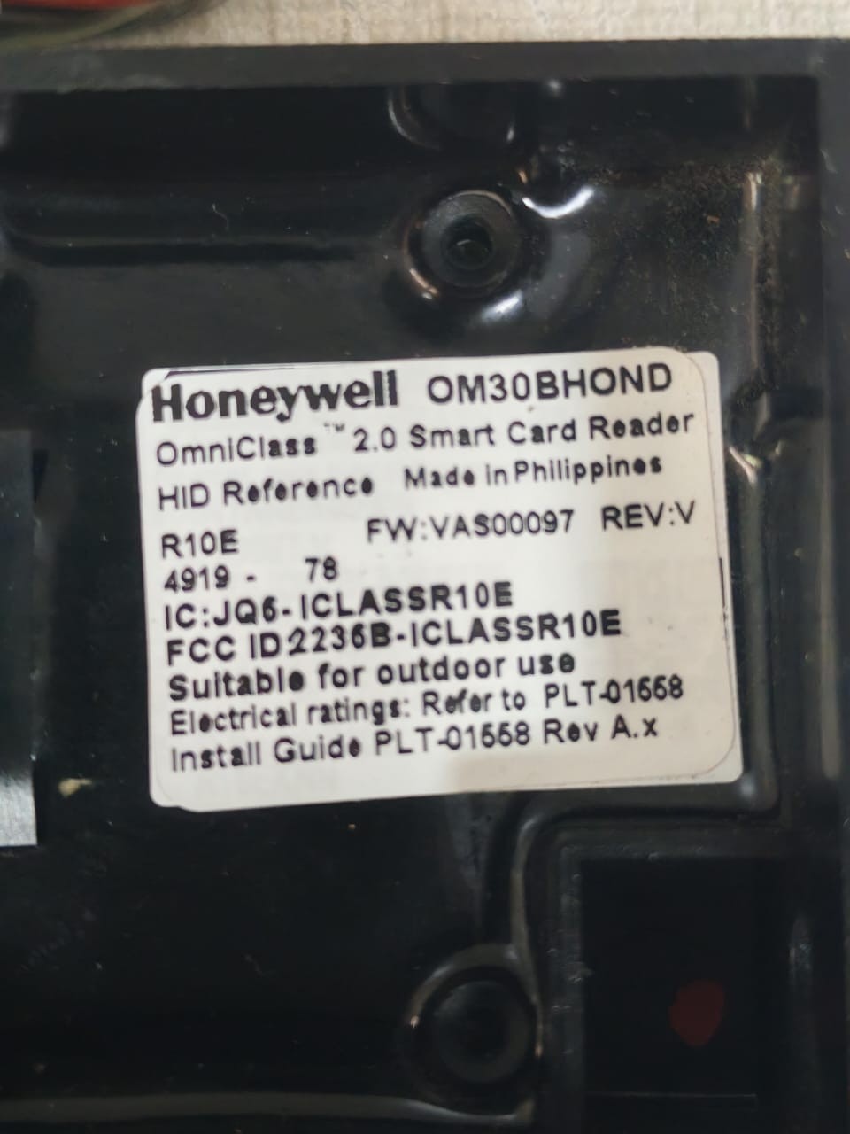 Honeywell OM30BHOND FW:VAS00097 REV:V HONEYWELL OM30BHOND FW:VAS00097 REV:V OMNICLASS 2.0 SMART CARD READER 6