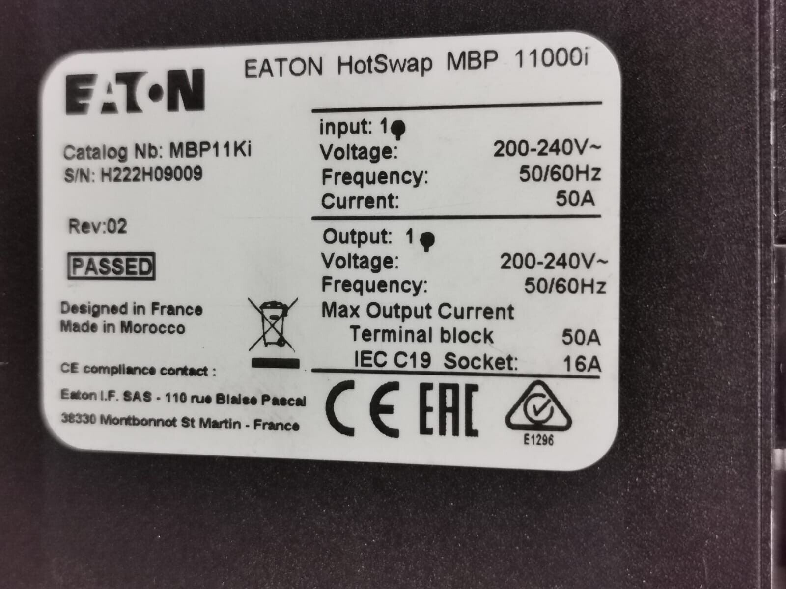 Eaton MBP 11000I EATON MBP 11000i /MBP11Ki REV 02 HOTSWAP MAINTENANCE BYPASS 4