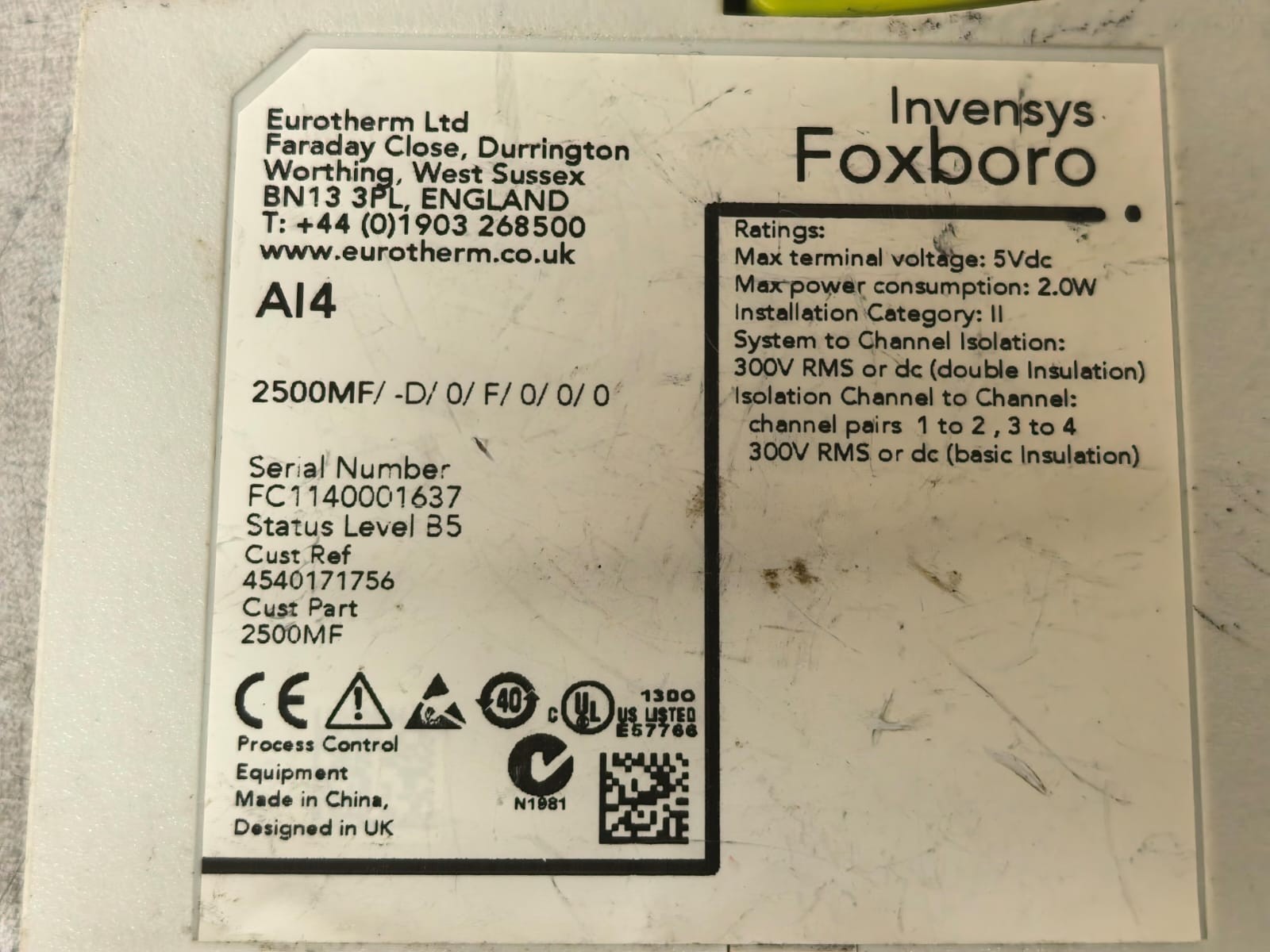INVENSYS FOXBORO AI4 2500MF/-D/0/F/0/0/0 INVENSYS FOXBORO AI4 2500MF/-D/0/F/0/0/0 INPUT MODULE 4