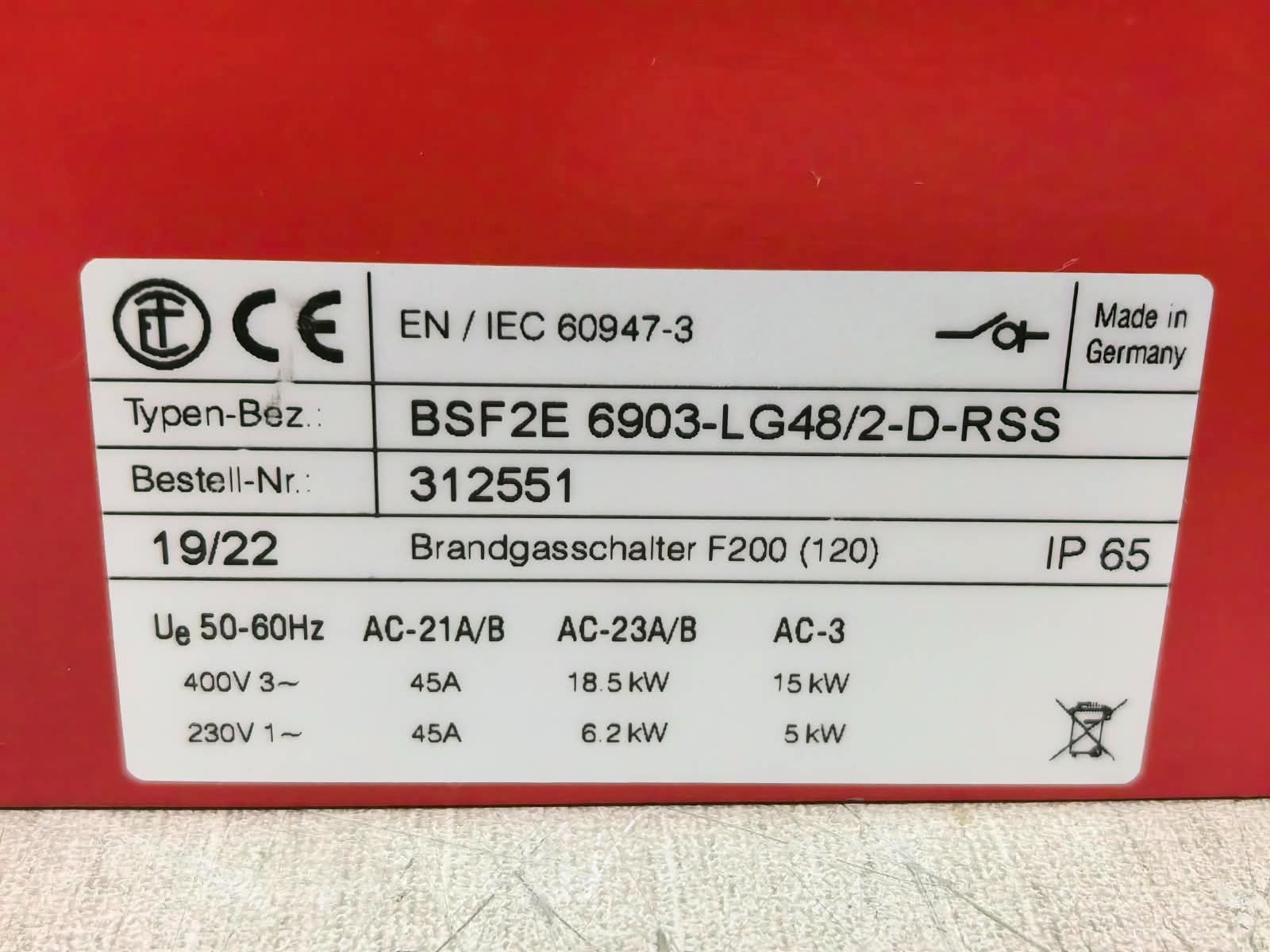 ELEKTRA TAILFINGEN BSF2E 6903-LG48/2-D-RSS 312551 ELEKTRA TAILFINGEN BSF2E 6903-LG48/2-D-RSS 312551 FIRE SWITCH 6
