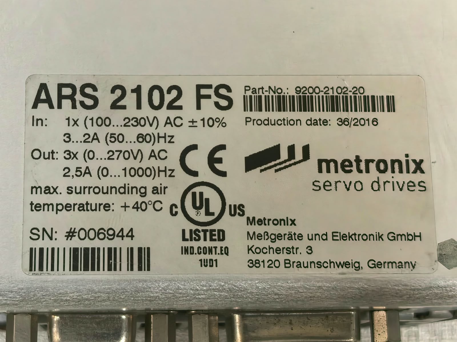 METRONIX P/N: 9200-2102-20 METRONIX ARS 2102 FS P/N: 9200-2102-20 SERVO DRIVE 8